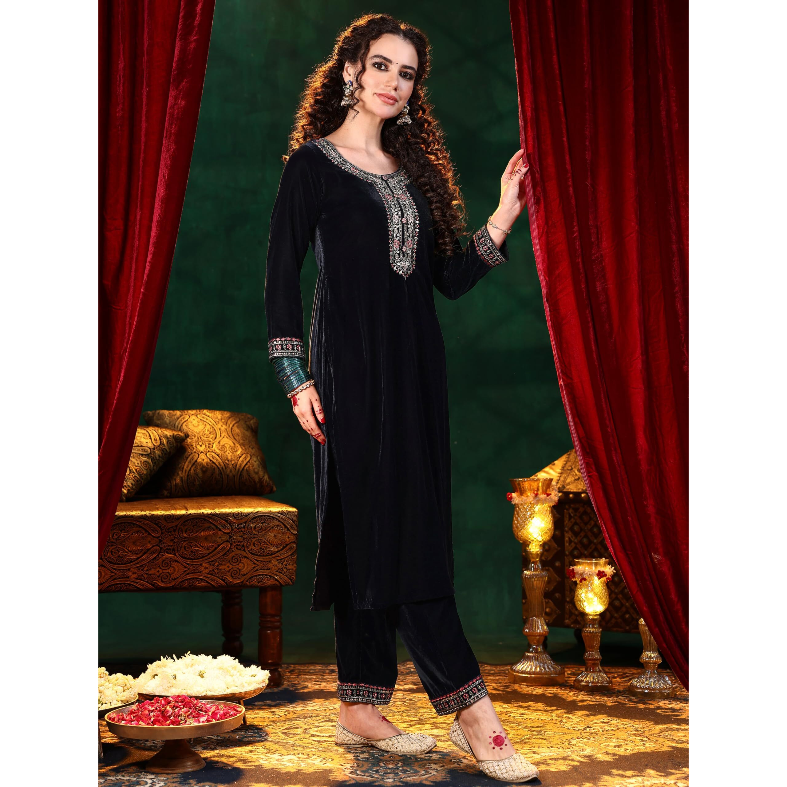 Libas Womens Yoke Design Velvet Straight Kurta With Trousers And Dupatta