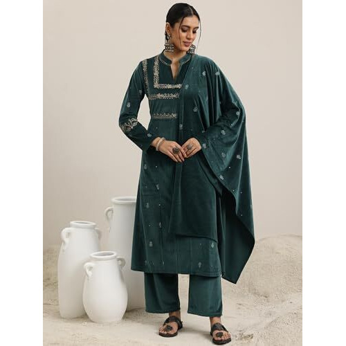 Libas Women's Velvet Embroidered Kurta Set (48791W_Green
