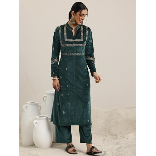 Libas Women's Velvet Embroidered Kurta Set (48791W_Green
