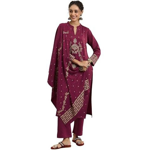 Libas Women's Wool Blend Woven Design Kurta Set (48797W_Pink