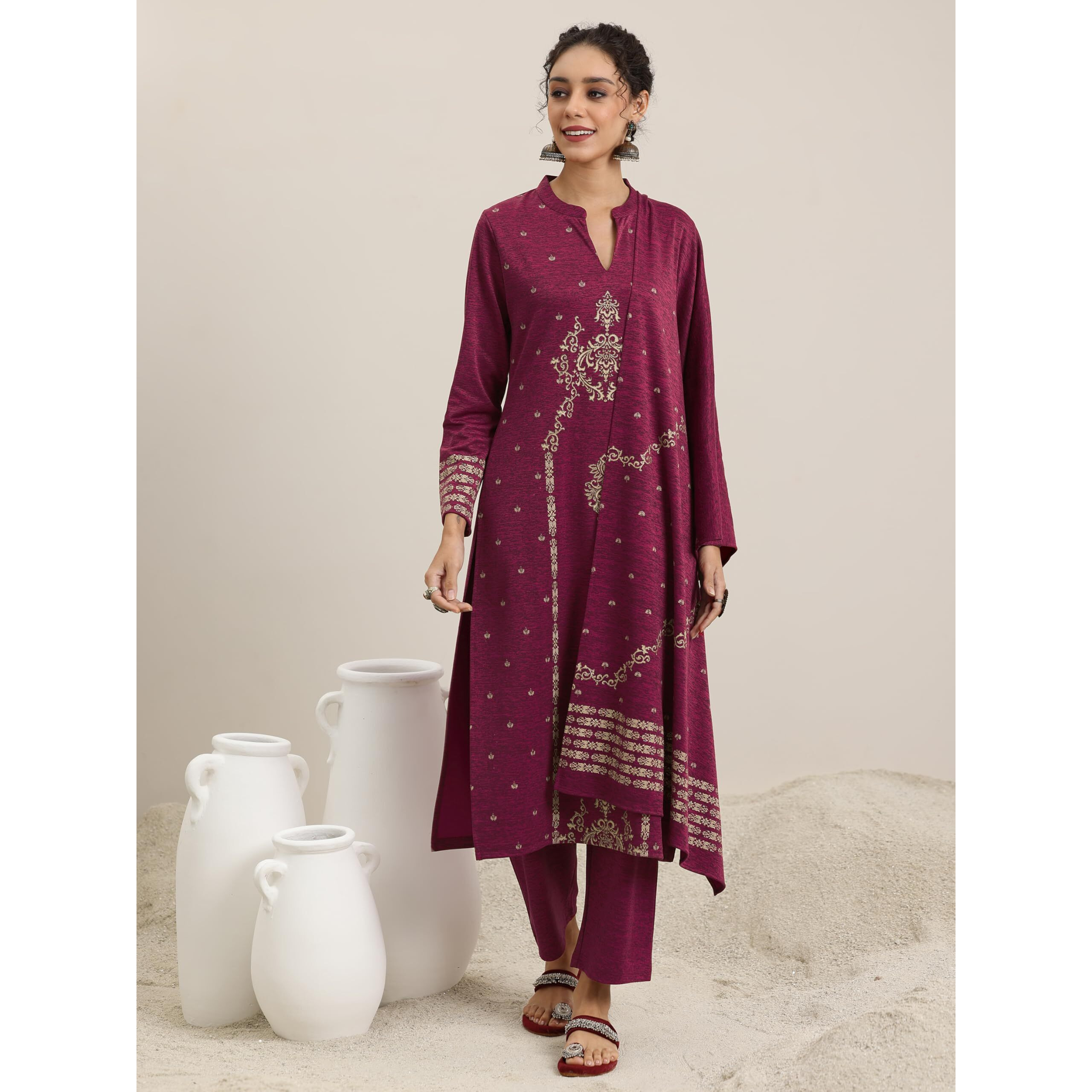 Libas Womens Woven Design Wool Straight Kurta With Trousers And Dupatta