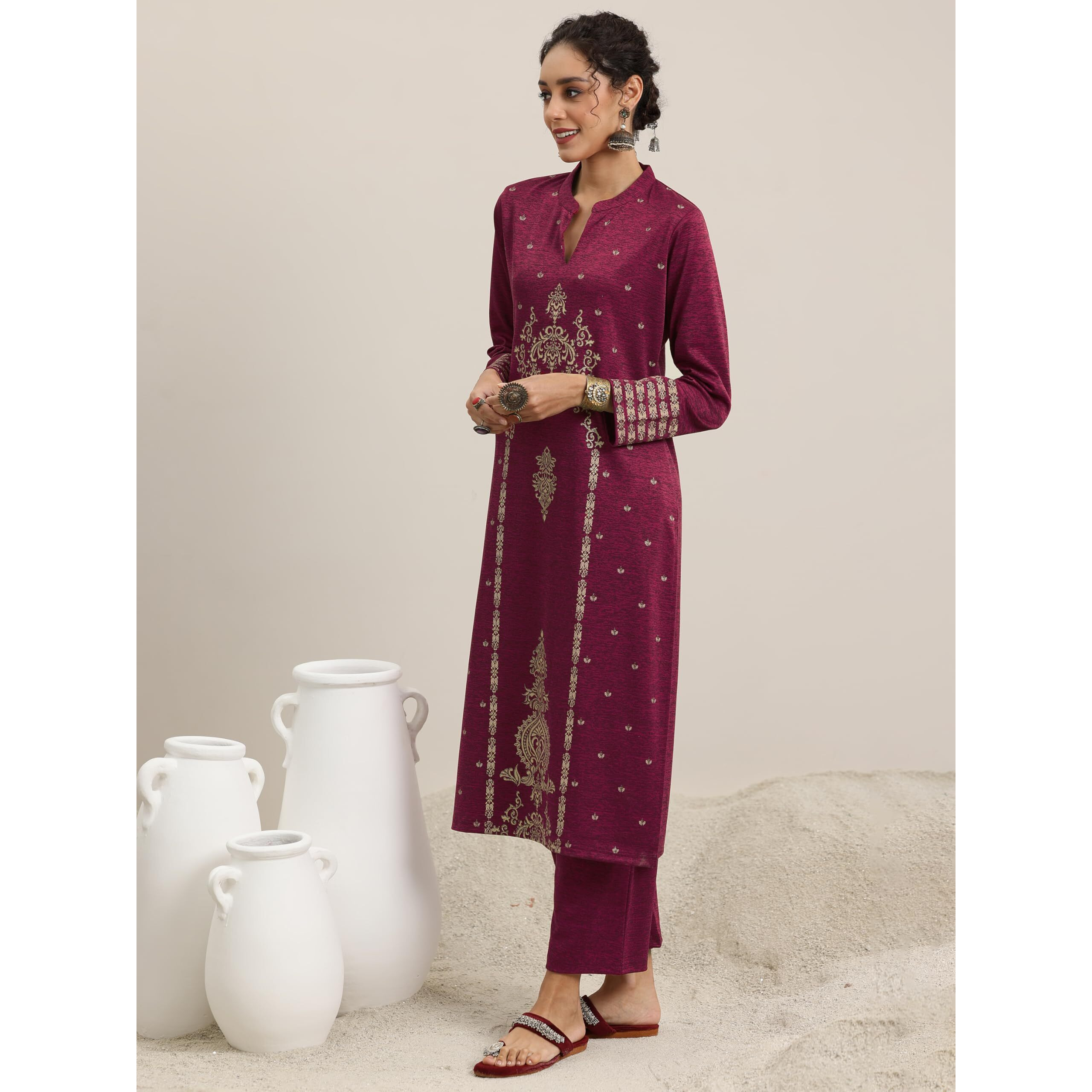Libas Womens Woven Design Wool Straight Kurta With Trousers And Dupatta