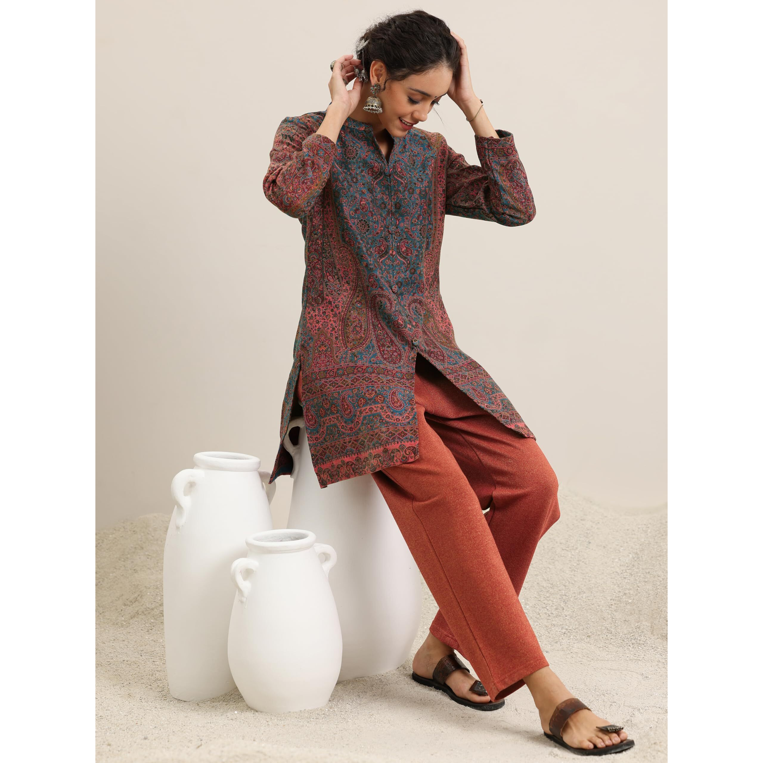 Libas Womens Woven Design Wool Straight Kurta With Palazzos
