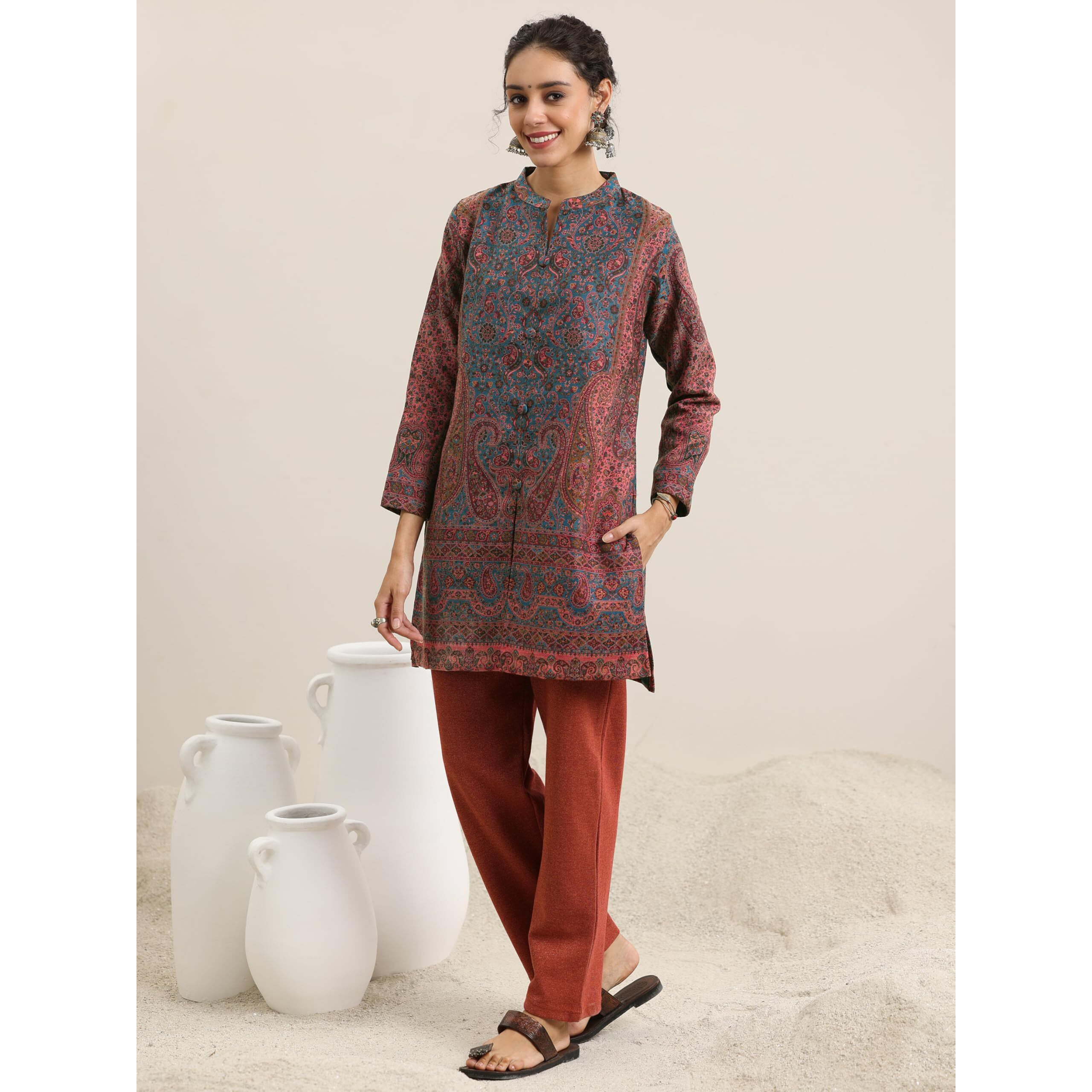Libas Womens Woven Design Wool Straight Kurta With Palazzos