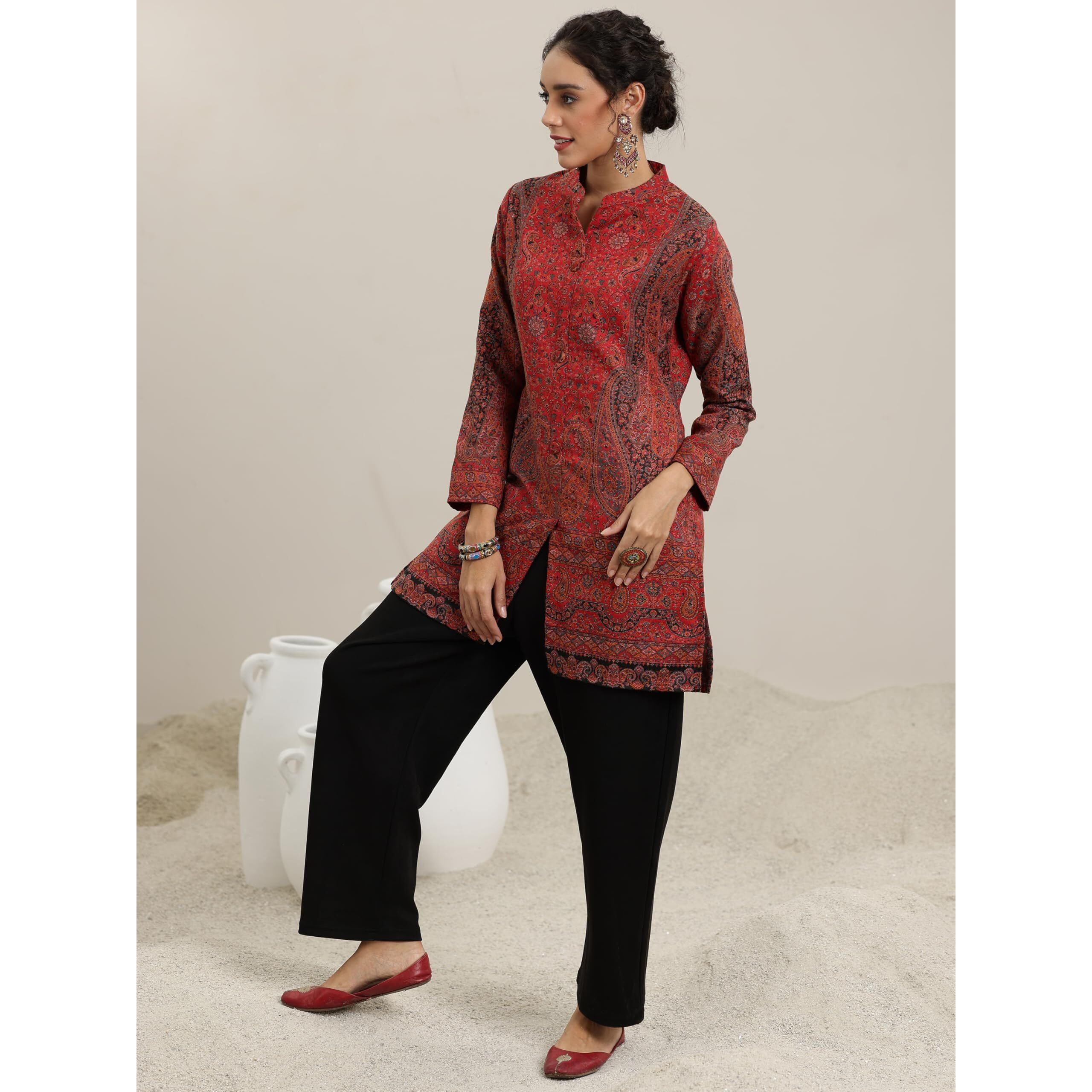 Libas Womens Woven Design Wool Straight Kurta With Palazzos