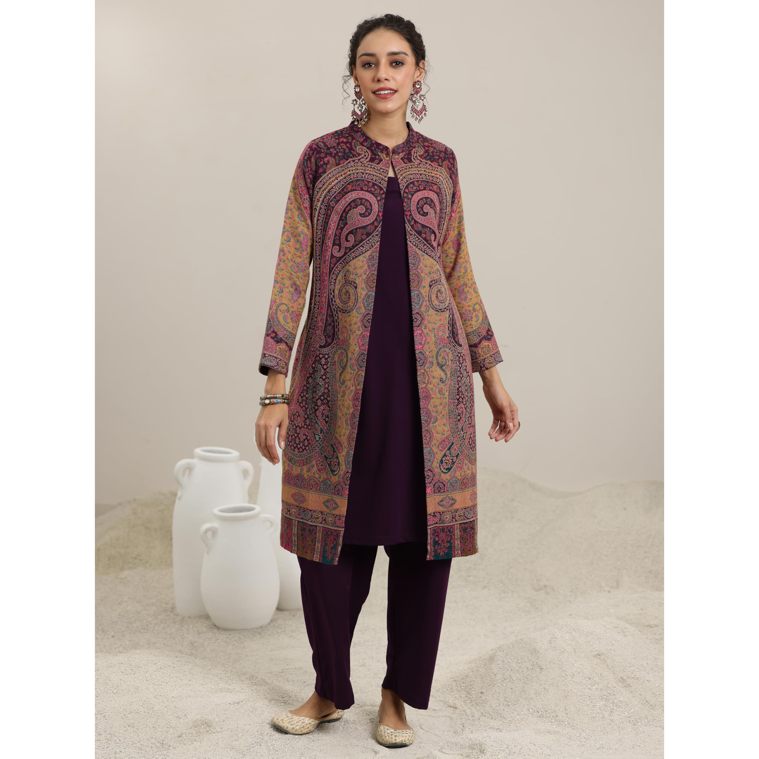 Libas Womens Woven Design Wool Straight Kurta With Palazzos And Jacket