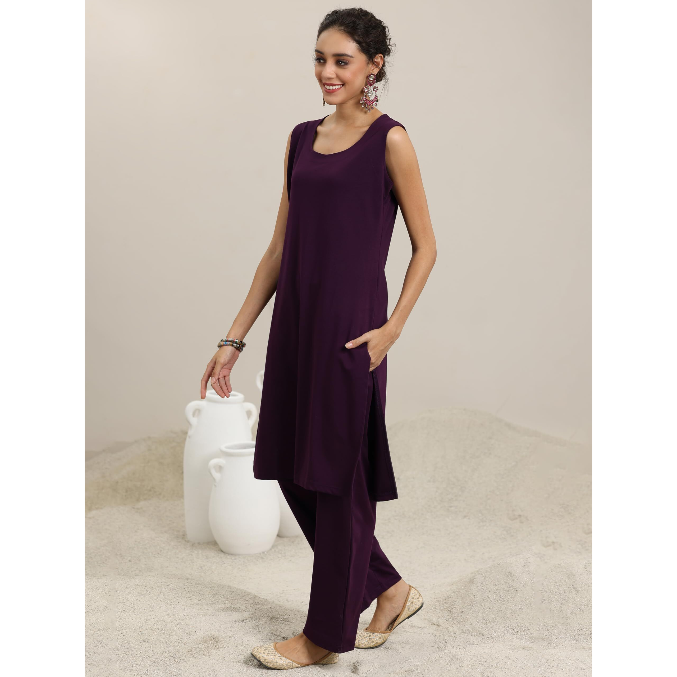 Libas Womens Woven Design Wool Straight Kurta With Palazzos And Jacket