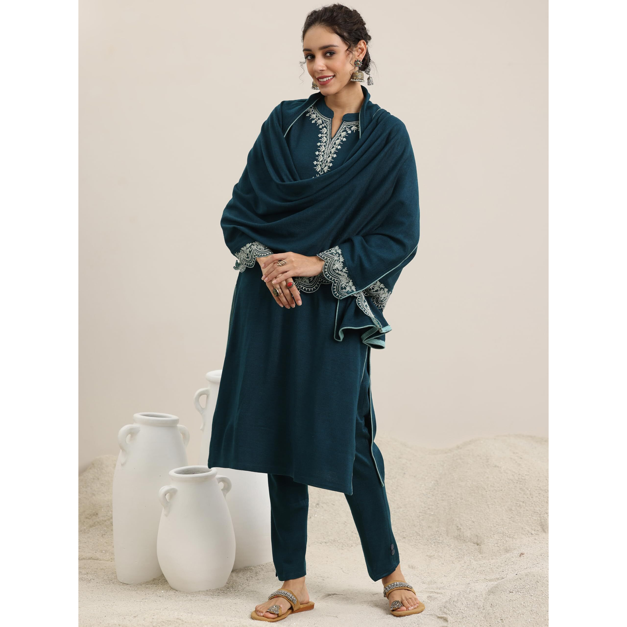 Libas Women's Wool Blend Kurta Set (48759W_Teal Blue