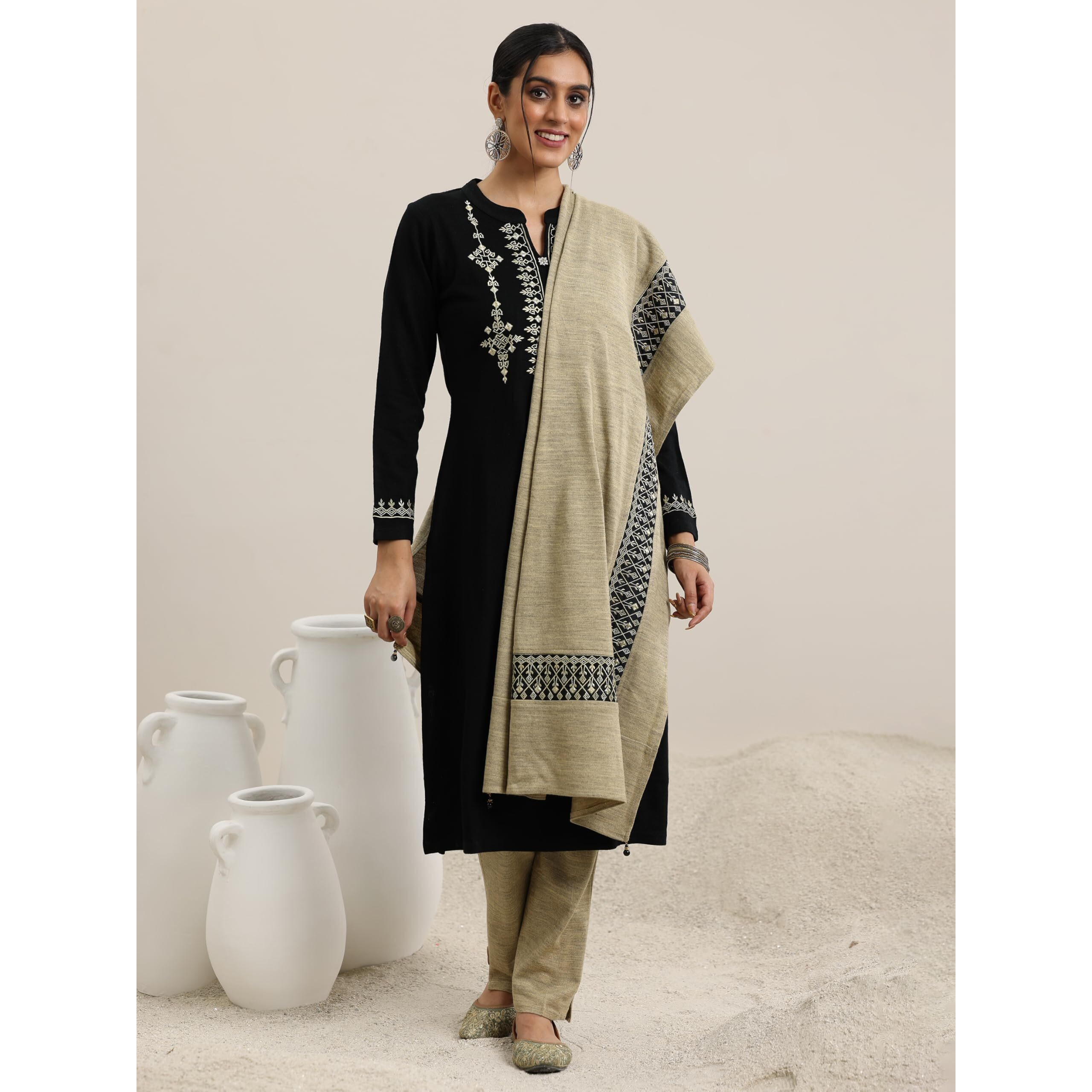 Libas Women's Wool Blend Yoke Design Kurta Set (48763W_Black