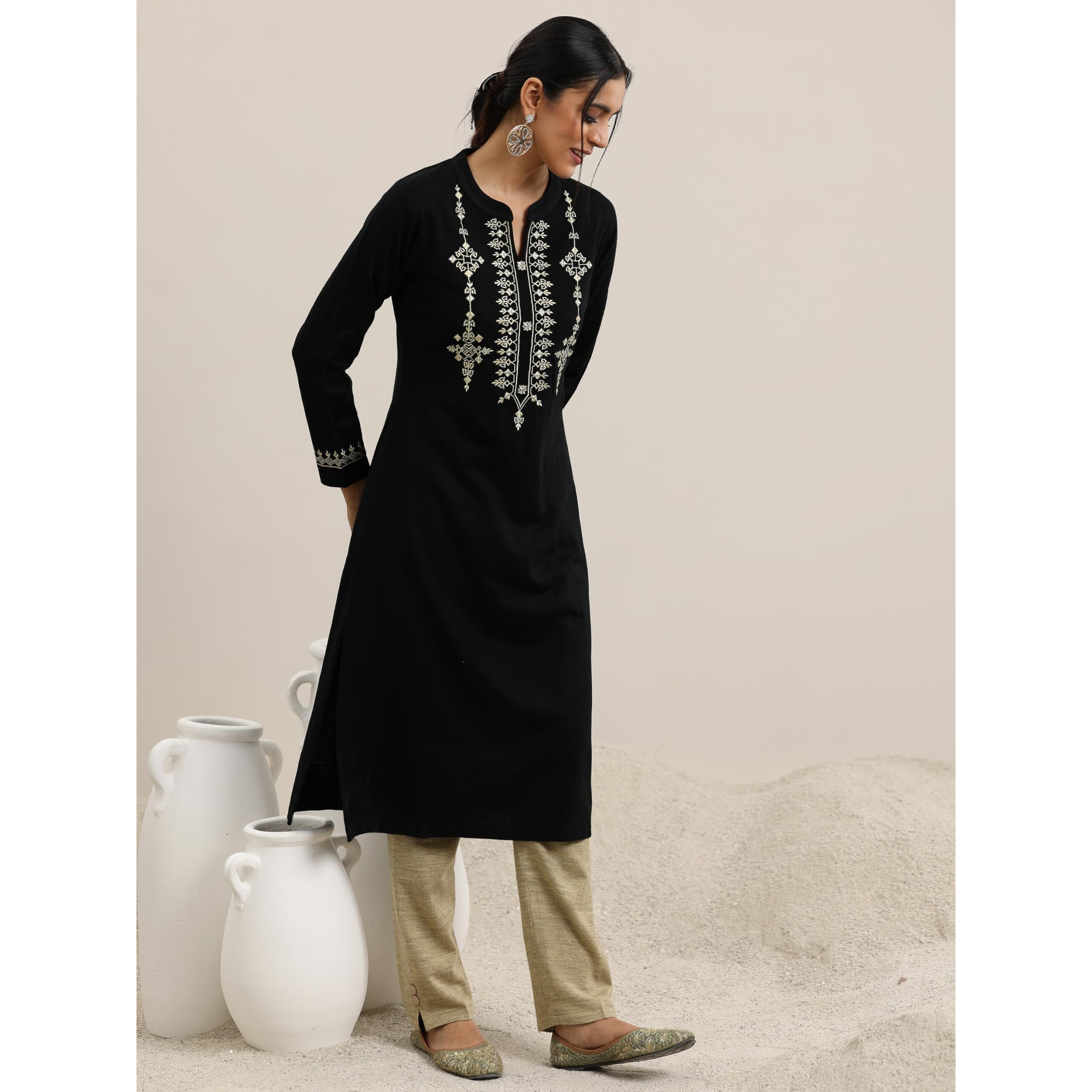Libas Women's Wool Blend Yoke Design Kurta Set (48763W_Black