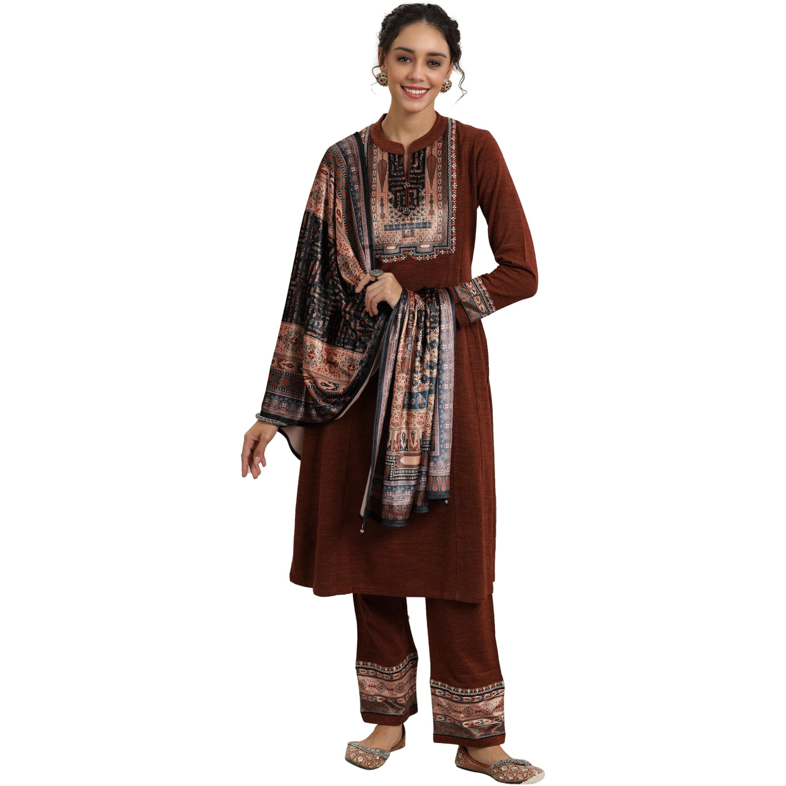 Libas Womens Yoke Design Wool Straight Kurta With Palazzos And Dupatta