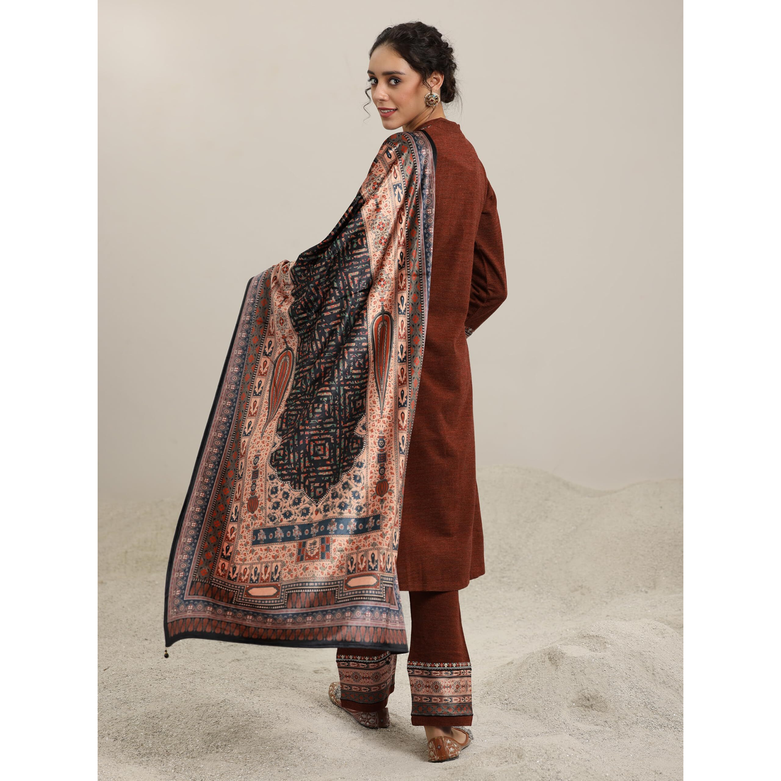 Libas Womens Yoke Design Wool Straight Kurta With Palazzos And Dupatta