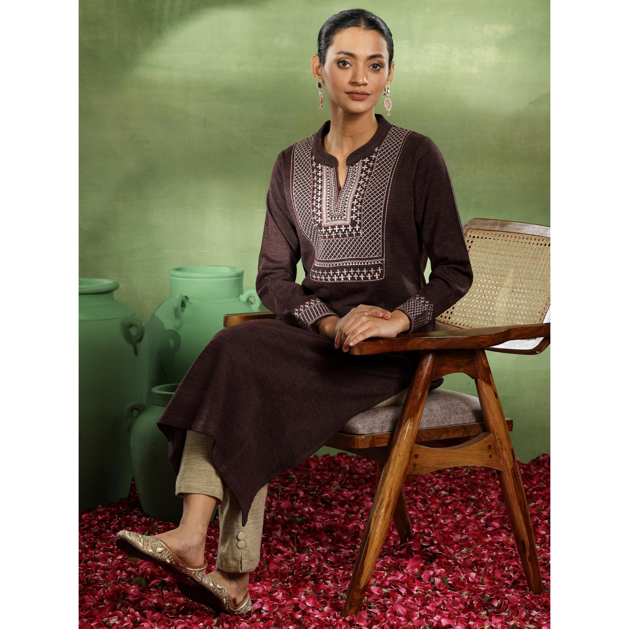 Libas Women's Wool Yoke Design Straight Kurta (58149W Brown