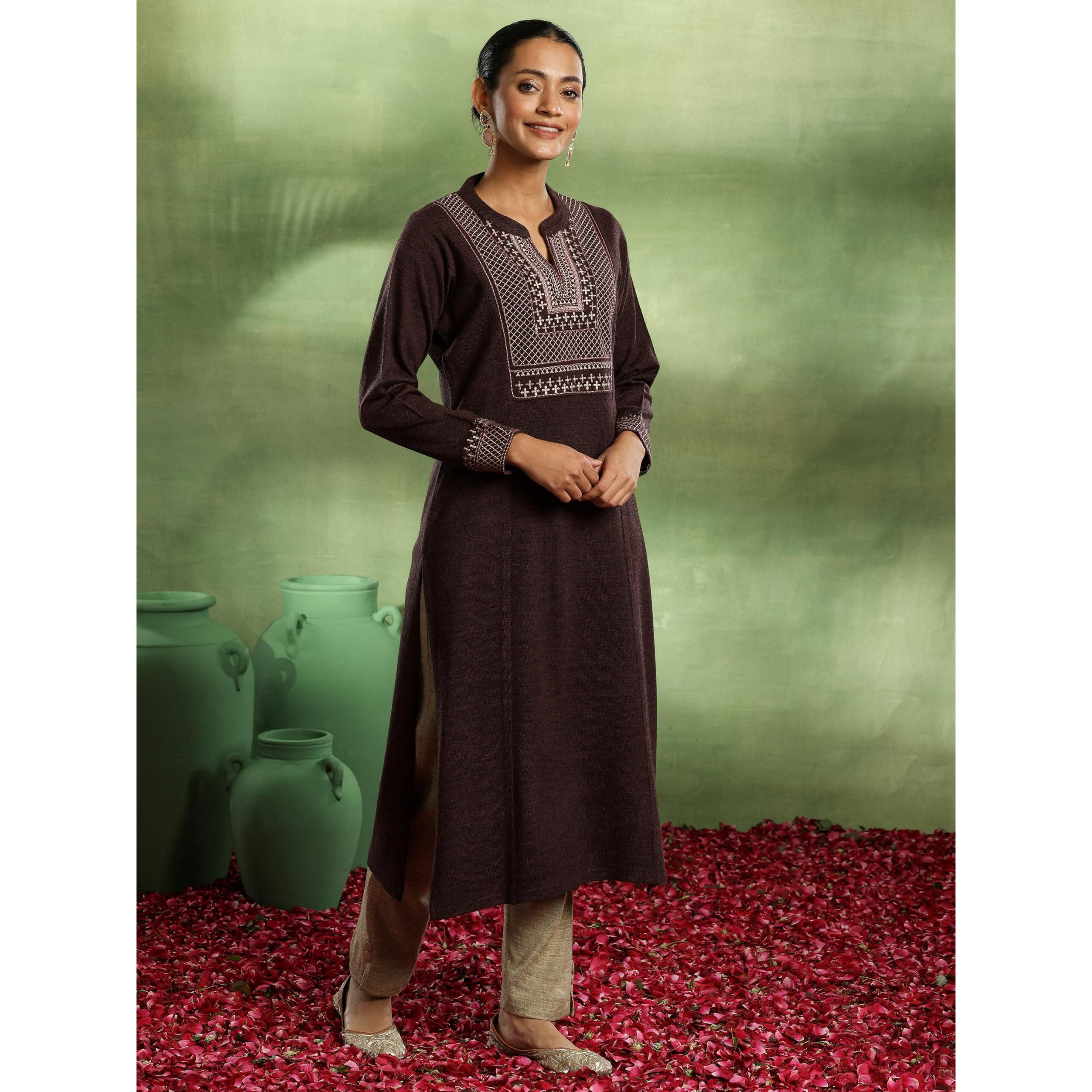 Libas Women's Wool Yoke Design Straight Kurta (58149W Brown