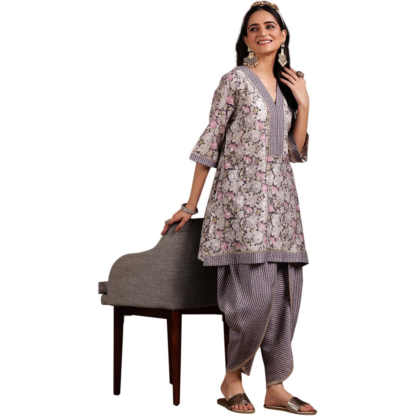 Libas Womens Printed Silk Blend A-Line Kurta With Dhoti Pant