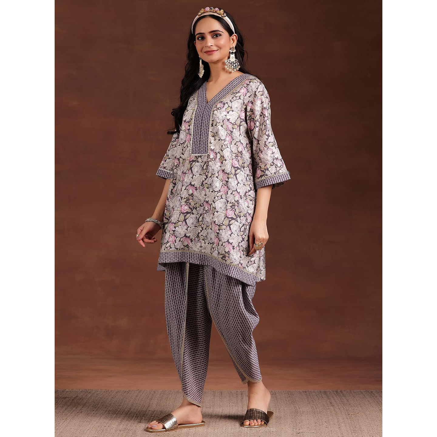 Libas Womens Printed Silk Blend A-Line Kurta With Dhoti Pant