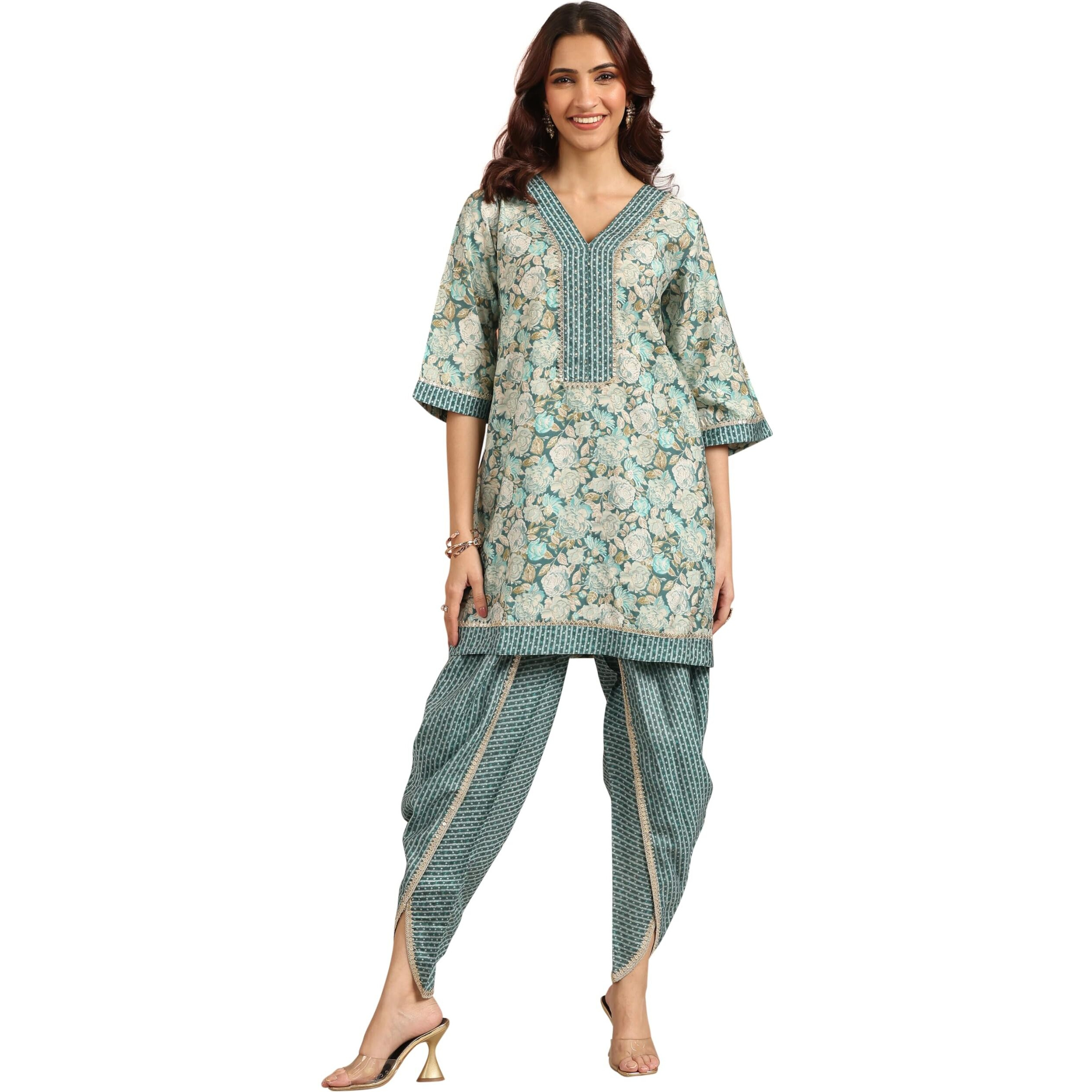 Libas Womens Printed Silk Blend A-Line Kurta With Dhoti Pant