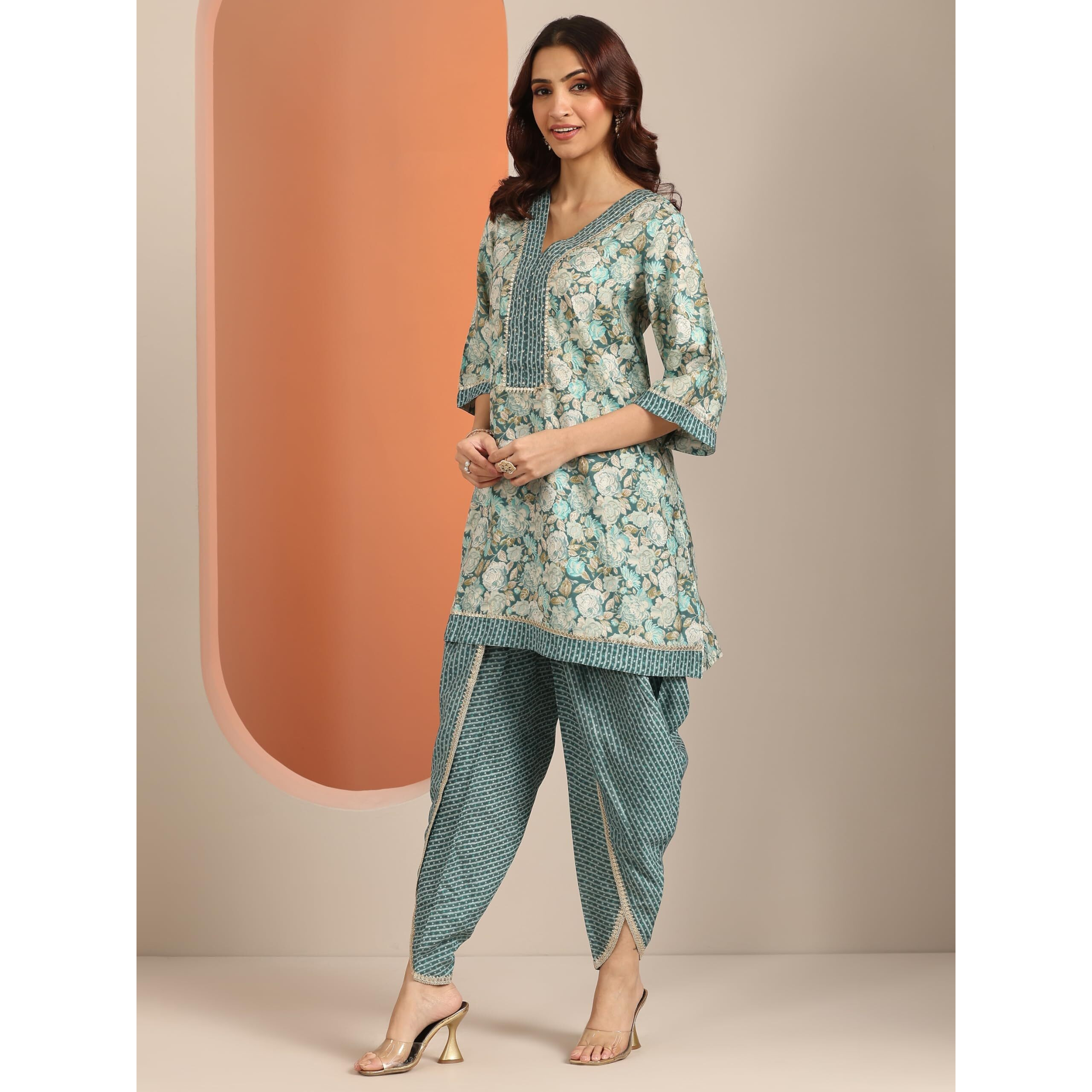 Libas Womens Printed Silk Blend A-Line Kurta With Dhoti Pant