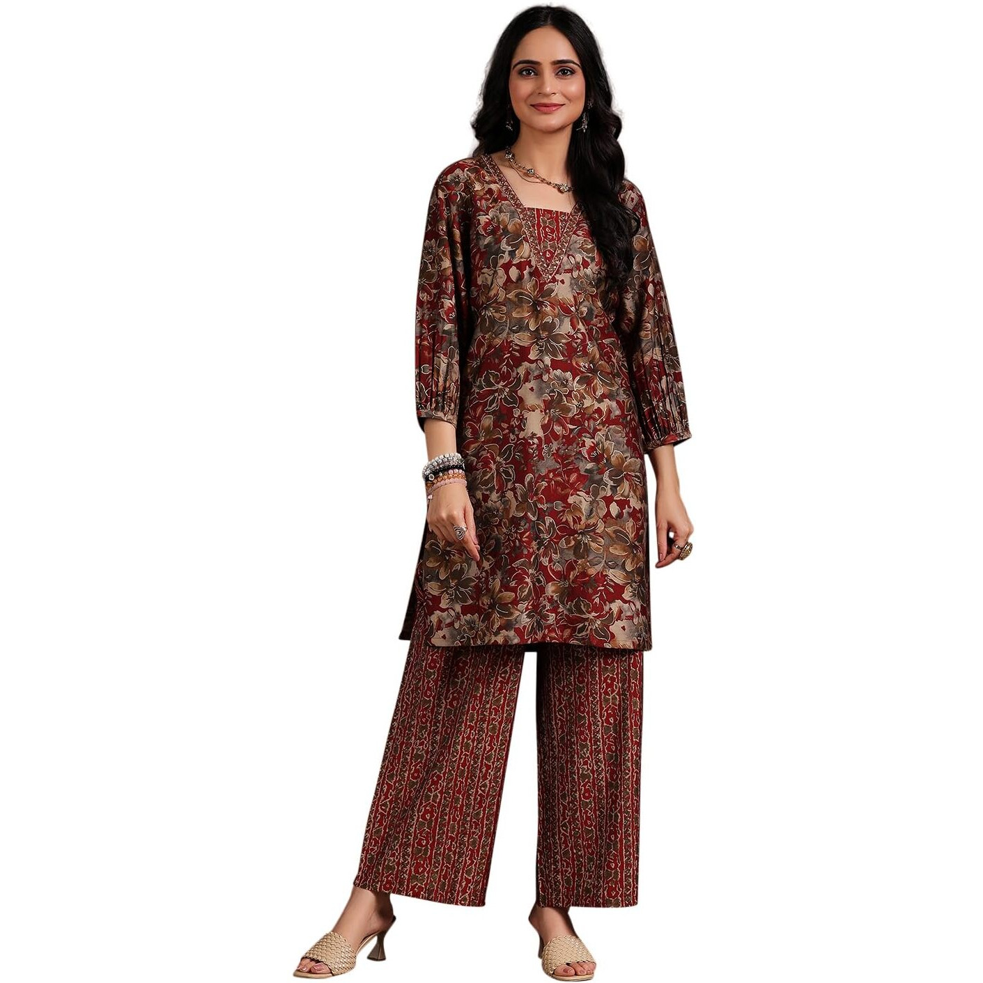 Libas Womens Printed Silk Blend Straight Kurta With Palazzos