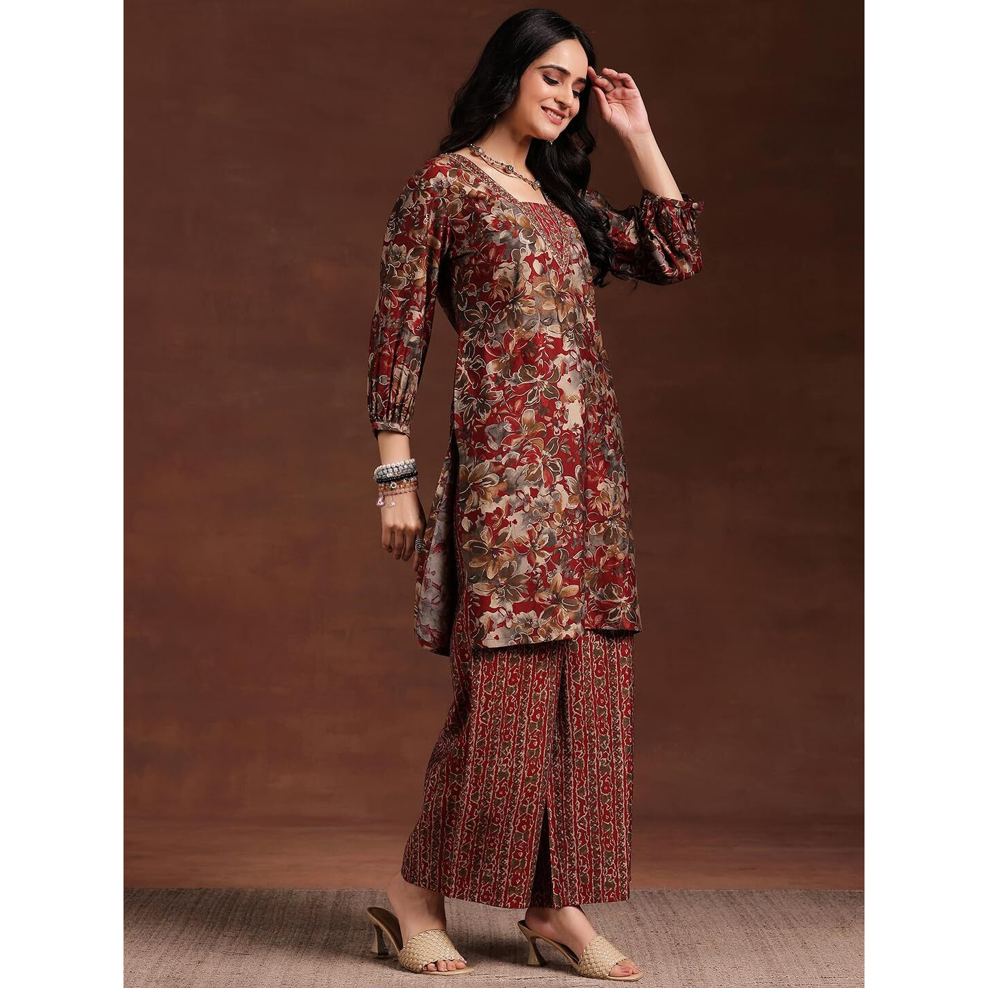 Libas Womens Printed Silk Blend Straight Kurta With Palazzos