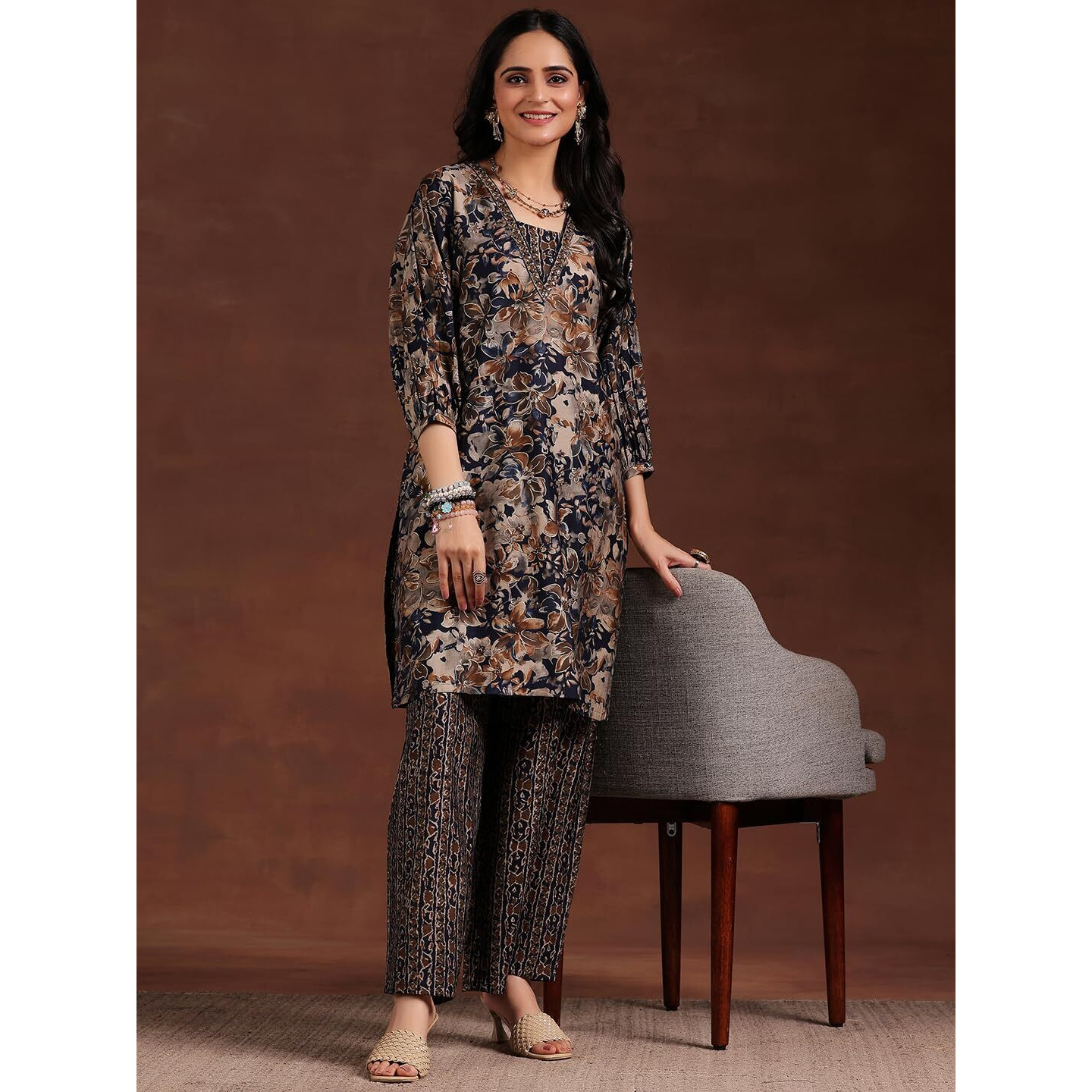 Libas Womens Printed Silk Blend Straight Kurta With Palazzos