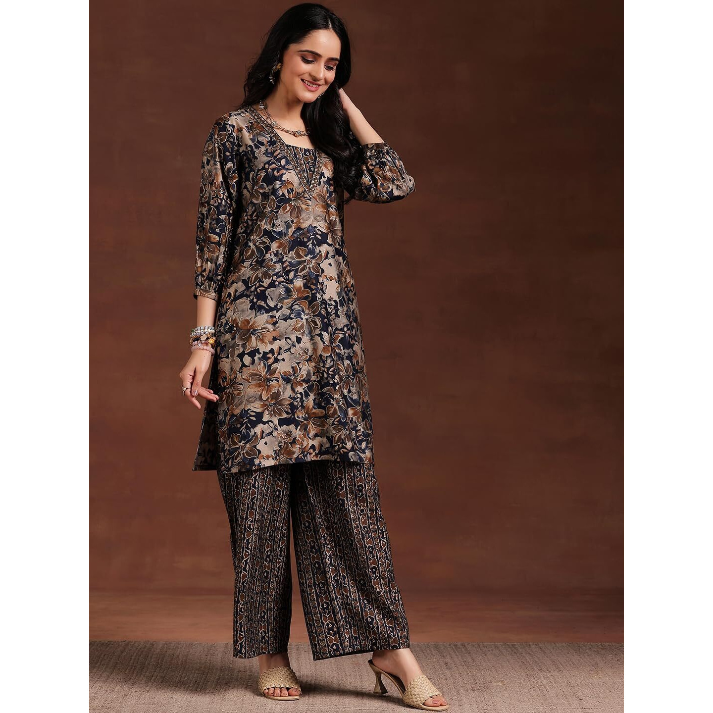 Libas Womens Printed Silk Blend Straight Kurta With Palazzos