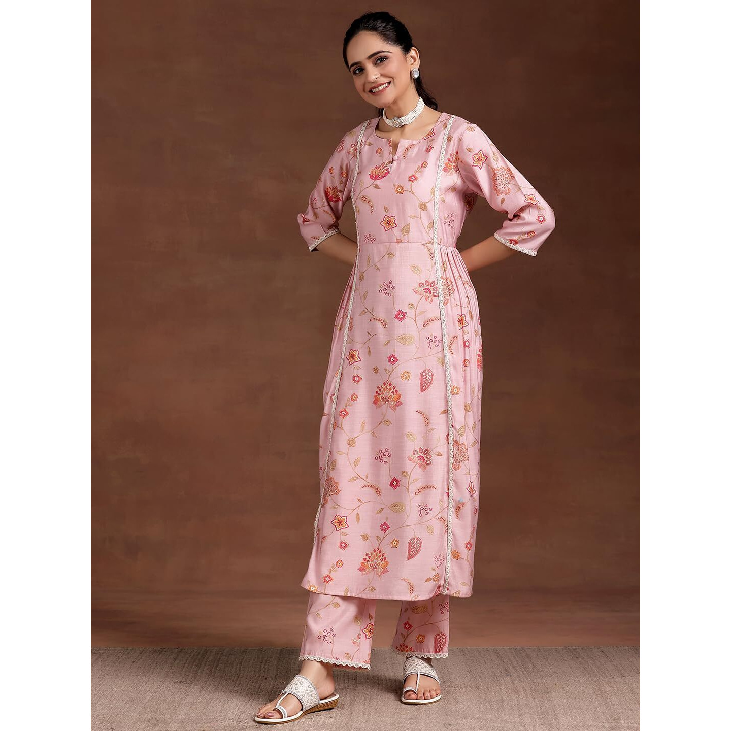 Libas Womens Printed Silk Blend A-Line Kurta With Trousers