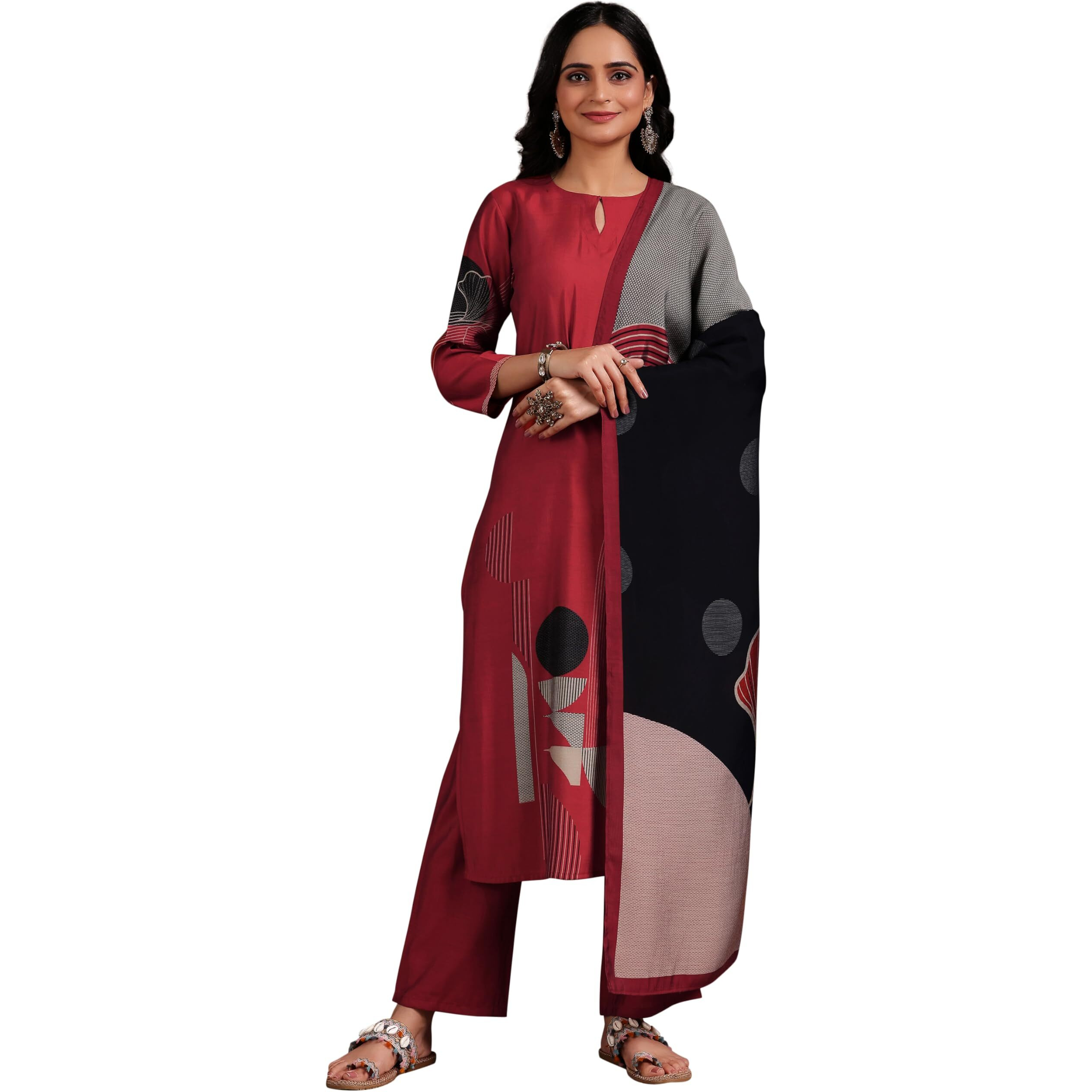 Libas Womens Printed Silk Blend Straight Kurta With Trousers And Dupatta
