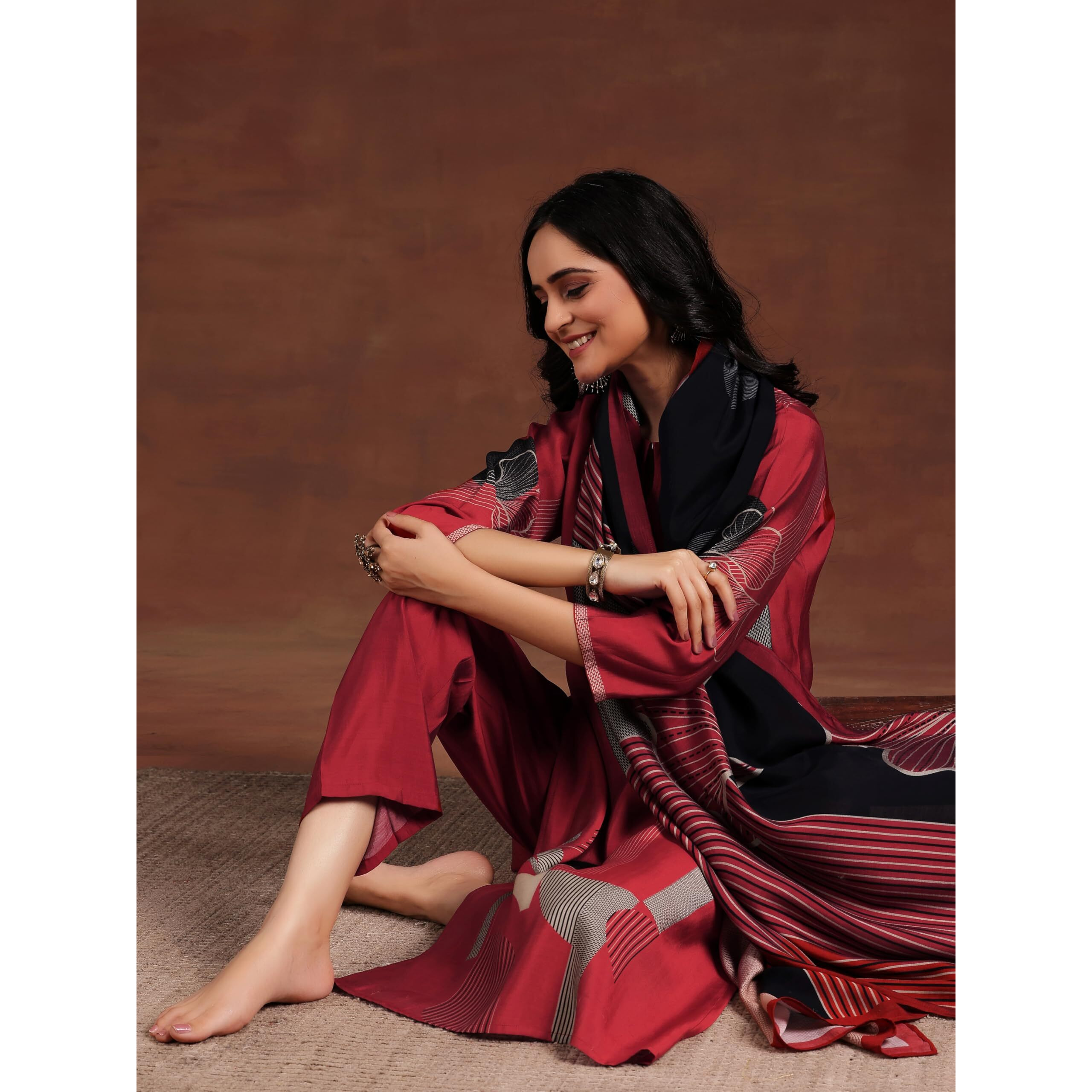 Libas Womens Printed Silk Blend Straight Kurta With Trousers And Dupatta