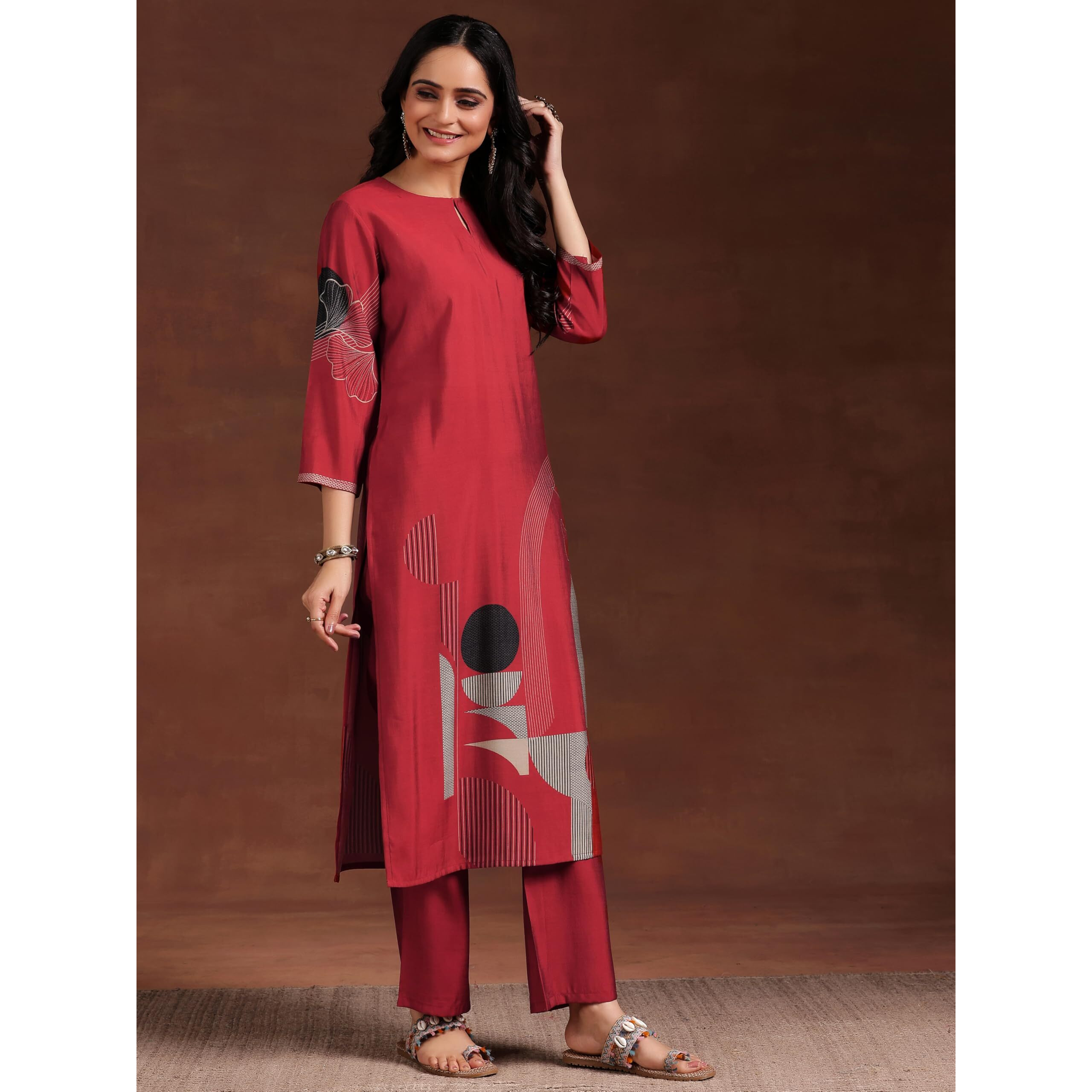 Libas Womens Printed Silk Blend Straight Kurta With Trousers And Dupatta
