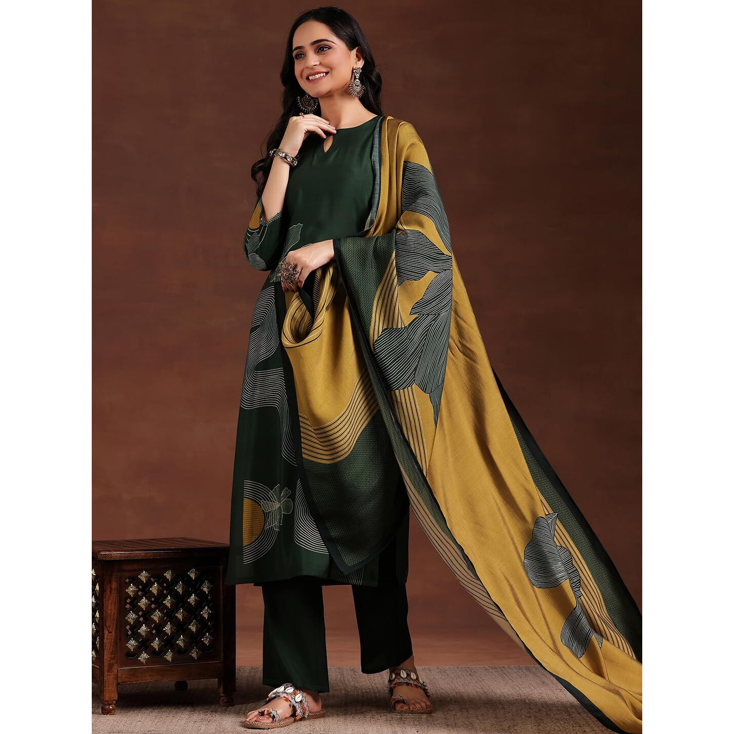Libas Womens Printed Silk Blend Straight Kurta With Trousers And Dupatta