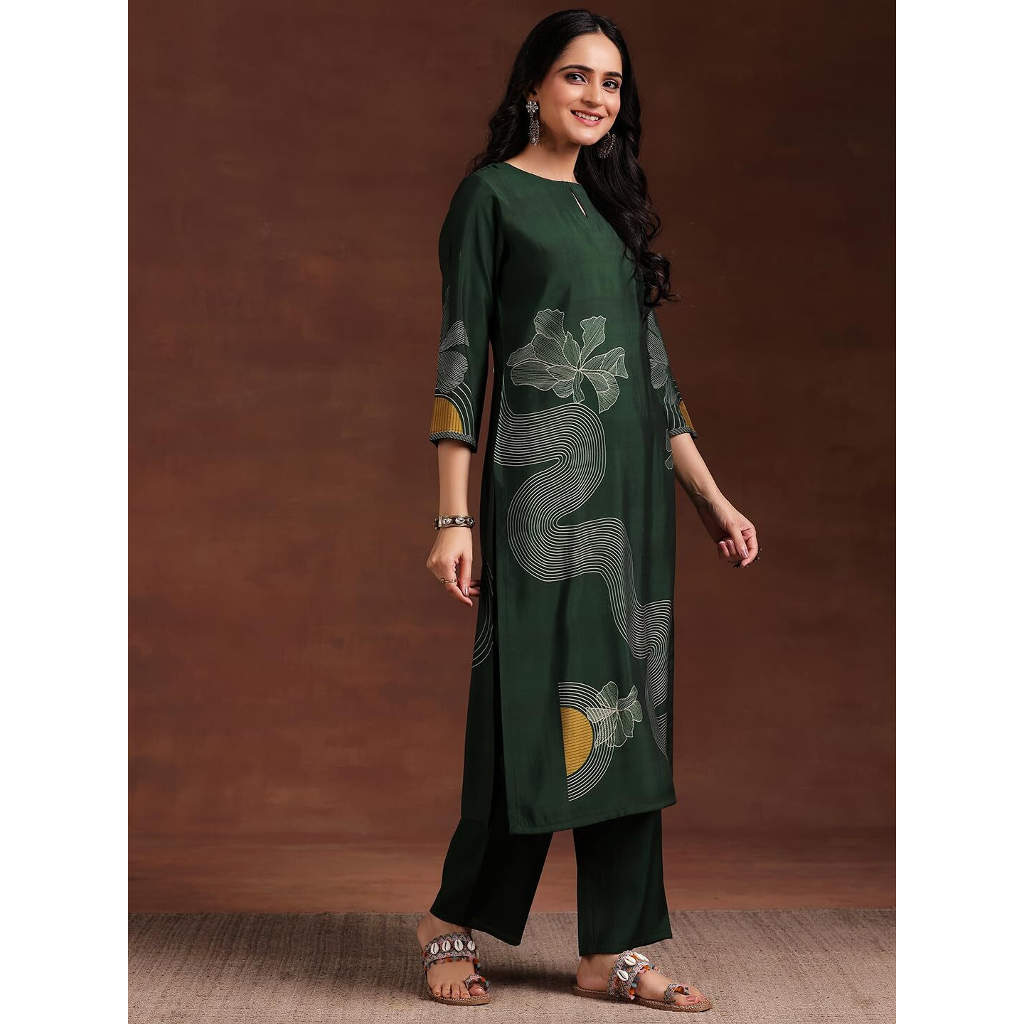 Libas Womens Printed Silk Blend Straight Kurta With Trousers And Dupatta