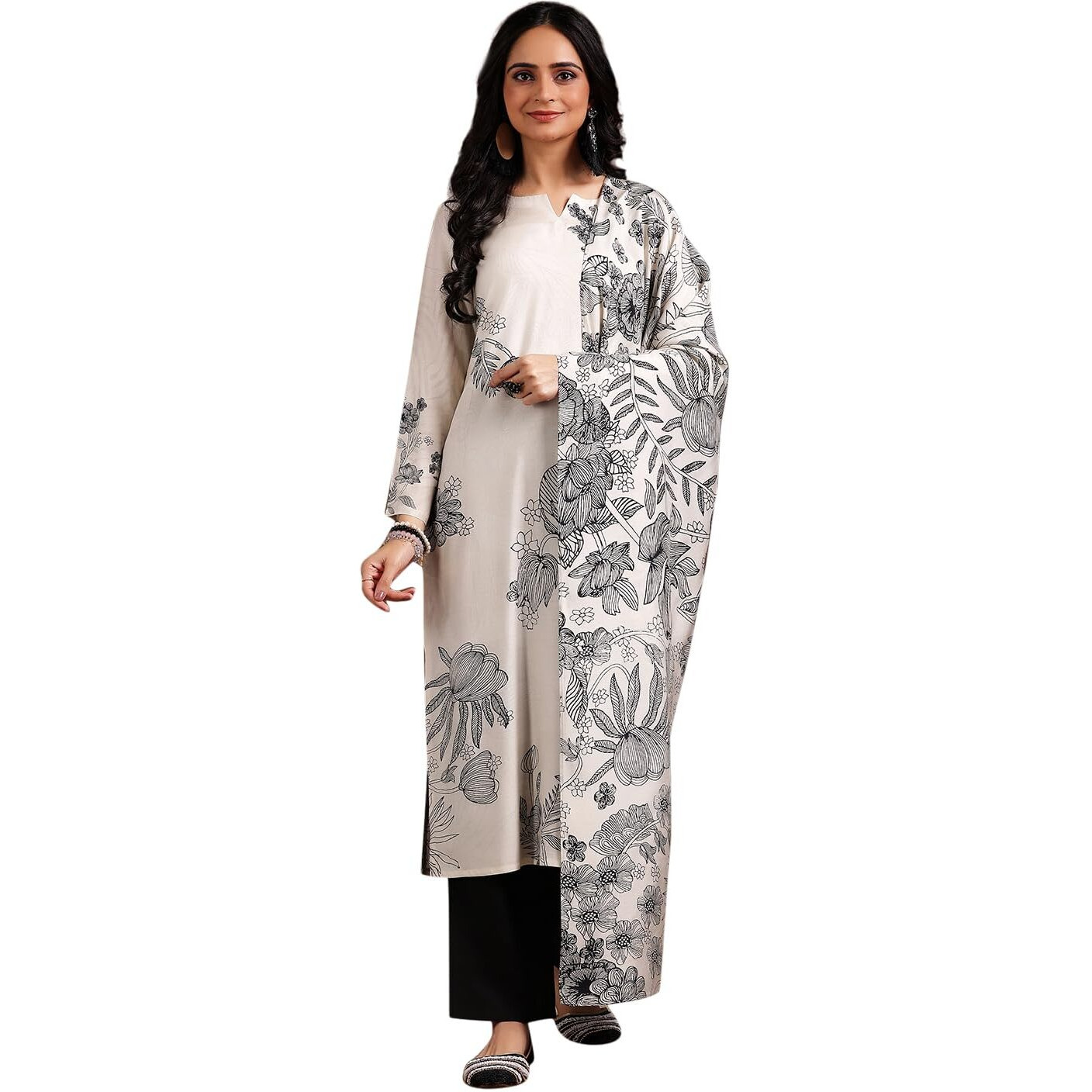 Libas Womens Printed Silk Blend Straight Kurta With Trousers And Dupatta