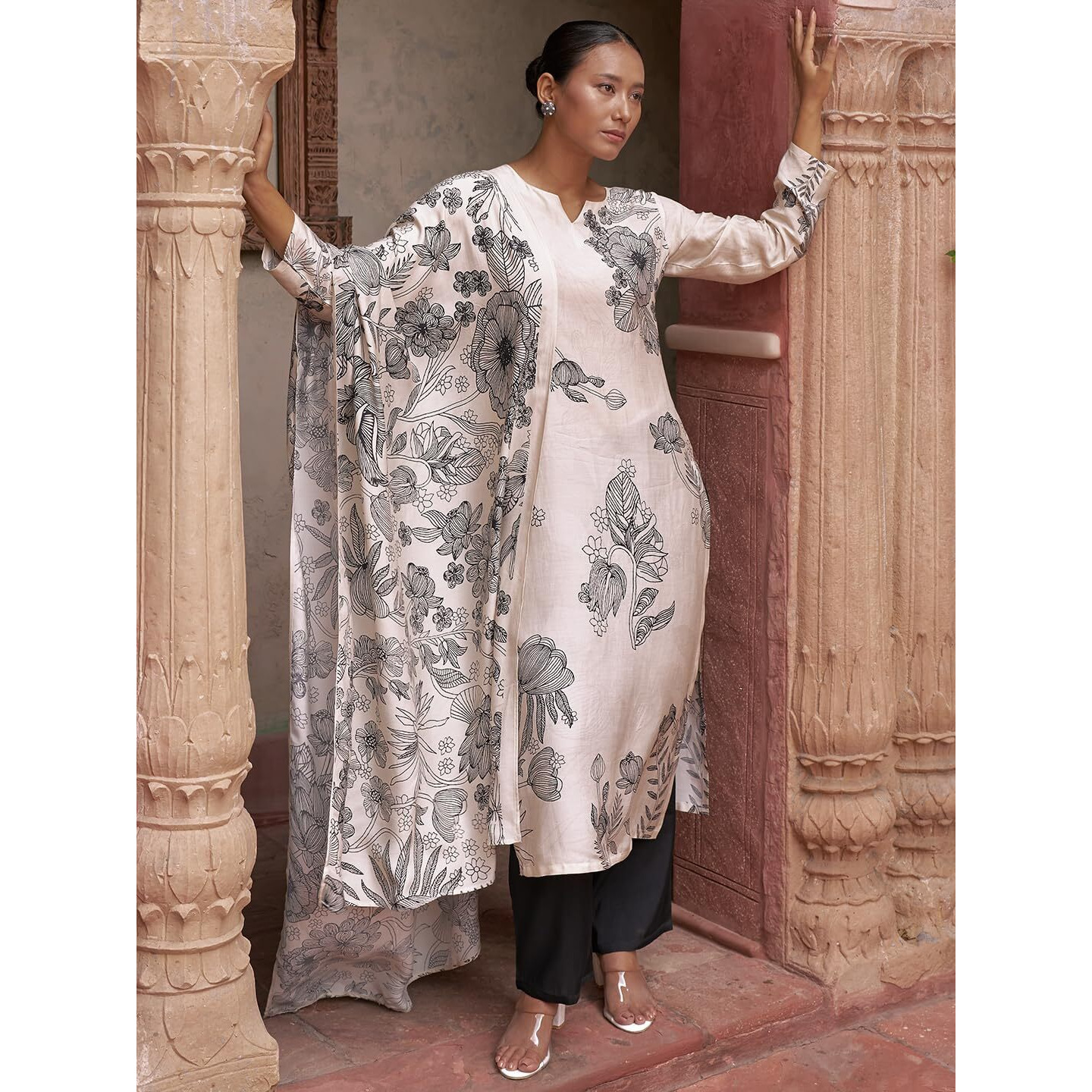Libas Womens Printed Silk Blend Straight Kurta With Trousers And Dupatta