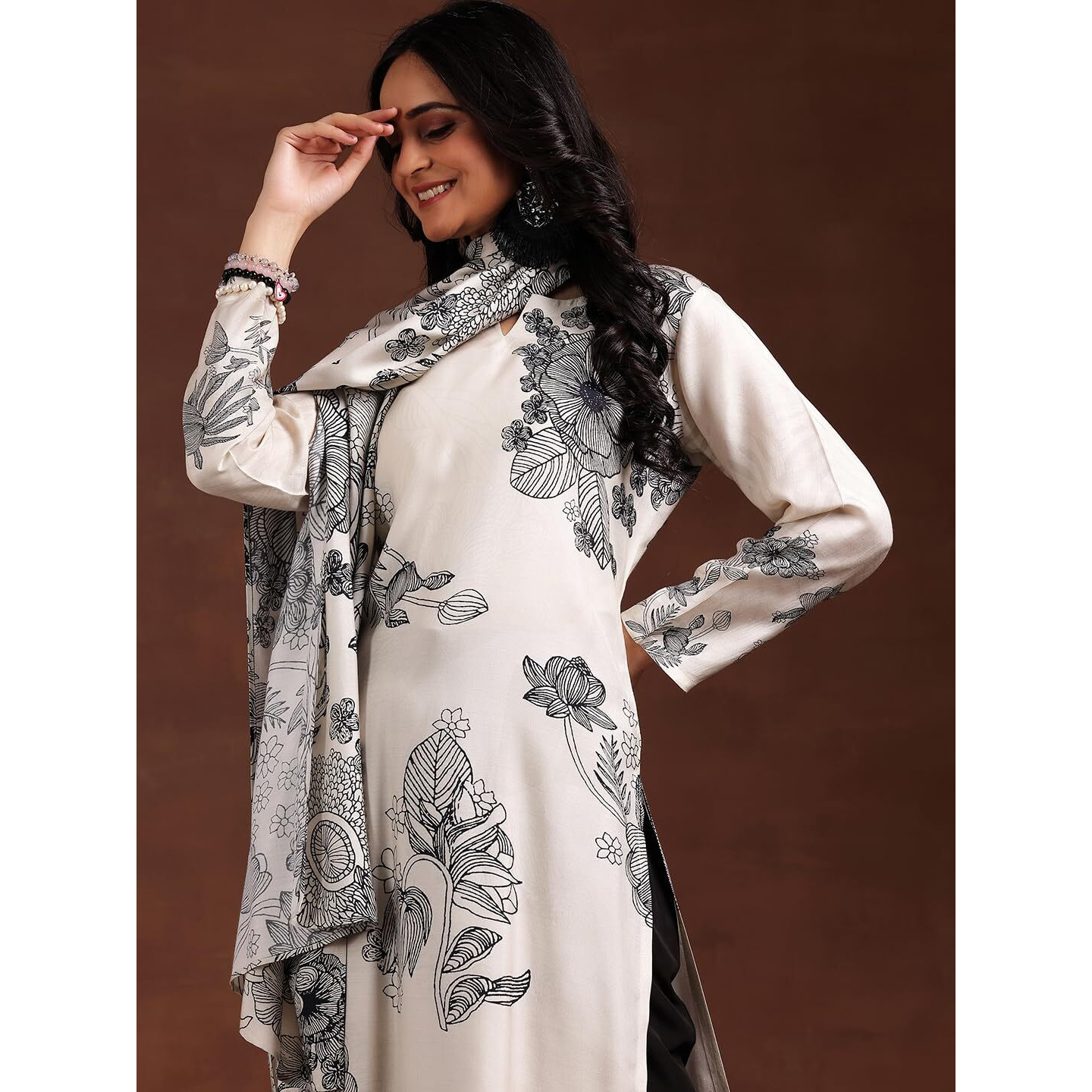 Libas Womens Printed Silk Blend Straight Kurta With Trousers And Dupatta