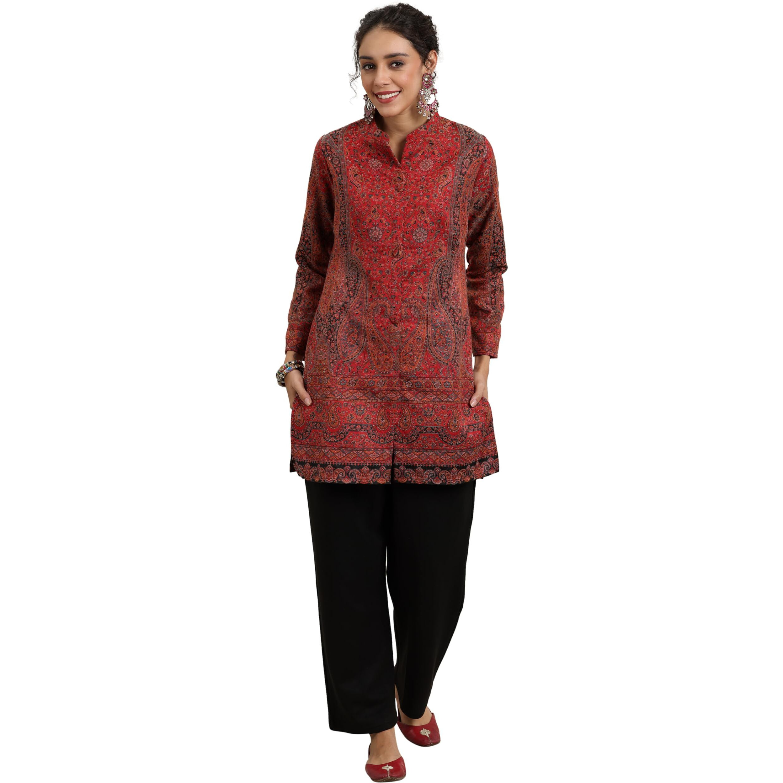 Libas Womens Woven Design Wool Straight Kurta With Palazzos