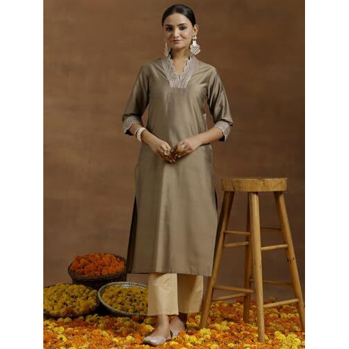 Libas Women's Silk Floral Straight Kurta (G2731_Gold_Xs)