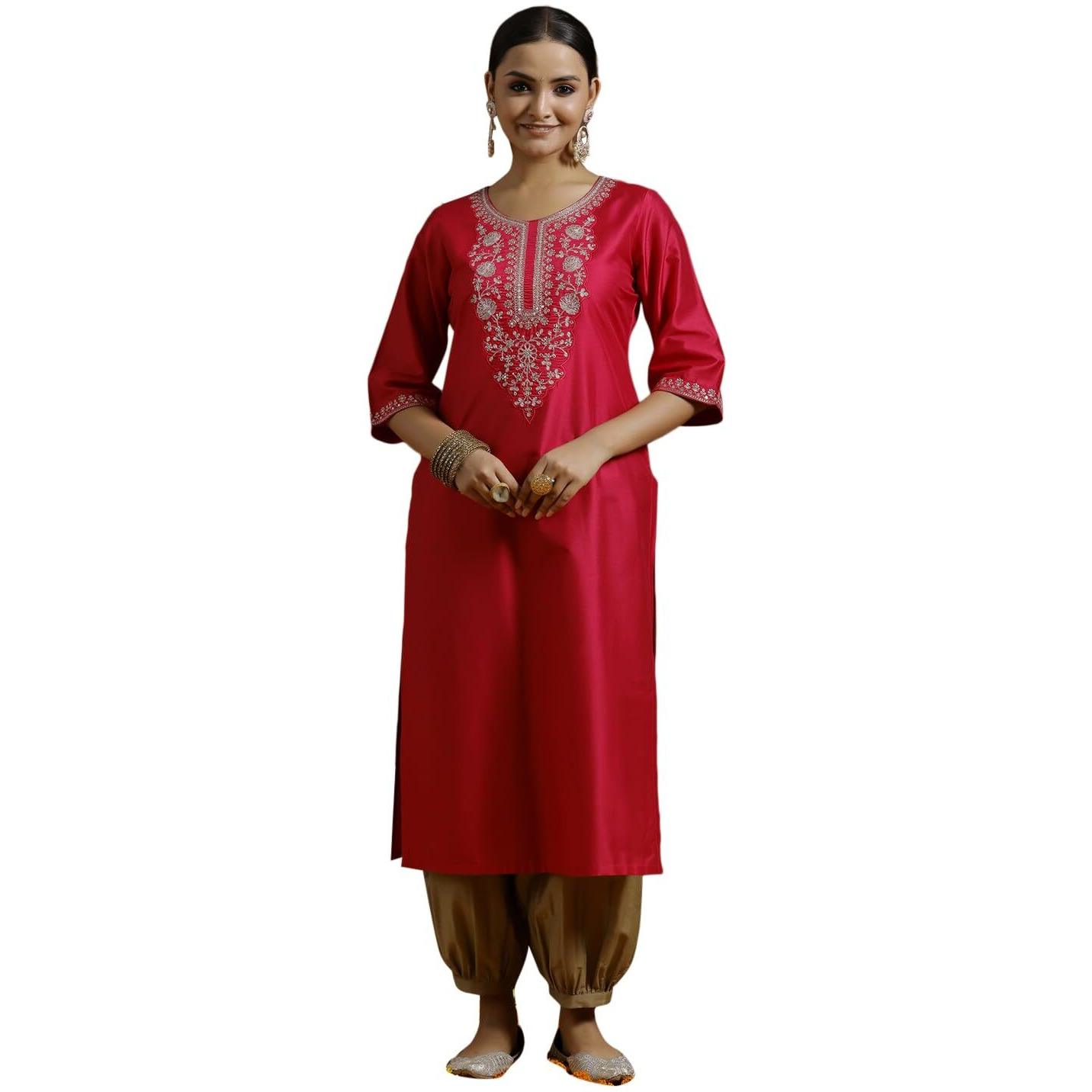 Libas Women's Silk Floral Straight Kurta (G2732_Pink_Xs)