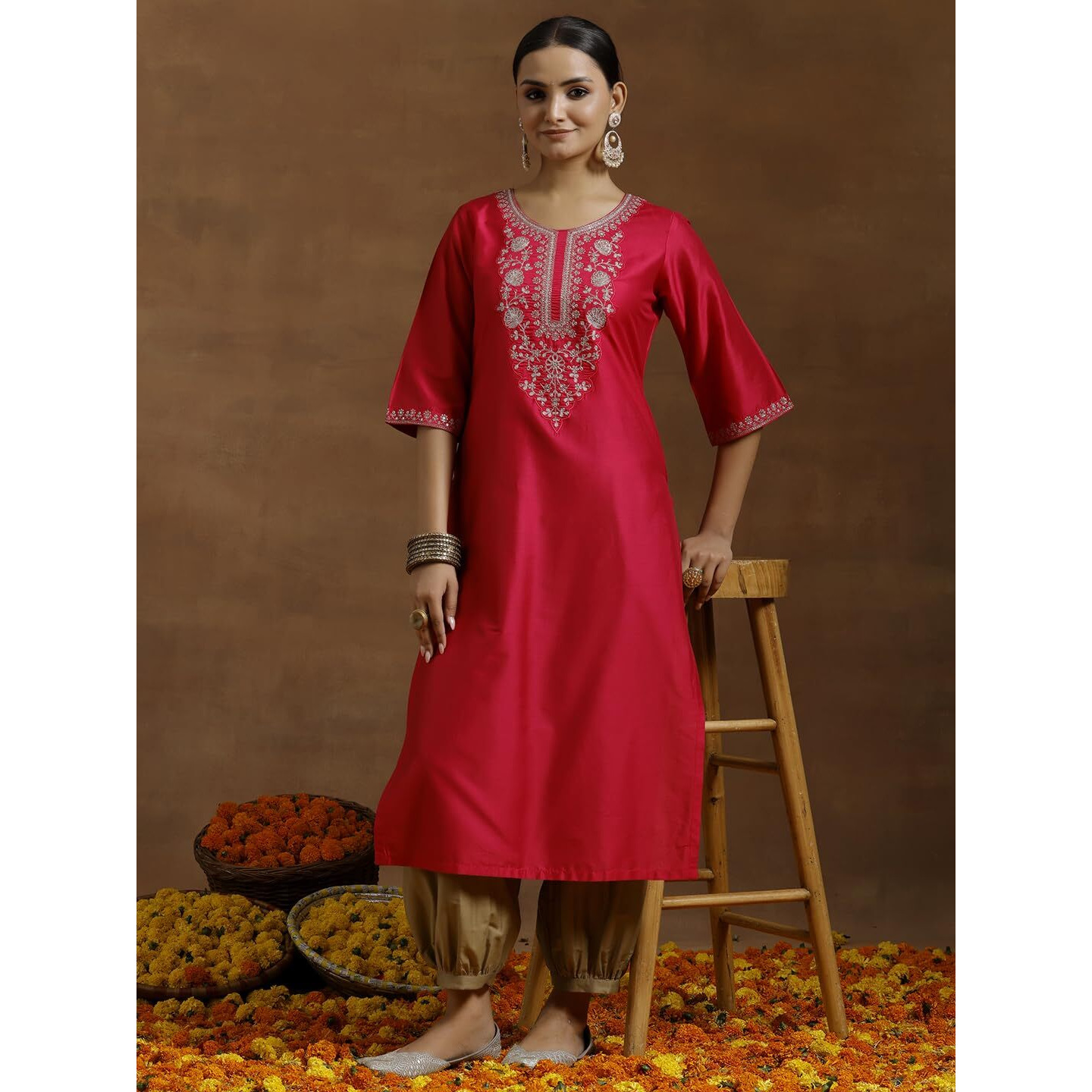Libas Women's Silk Floral Straight Kurta (G2732_Pink_Xs)