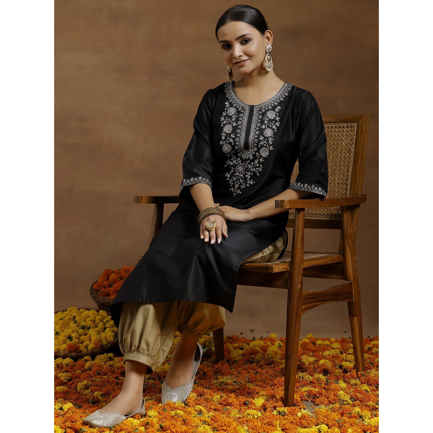 Libas Women's Silk Embroidered Straight Kurta (G2734 Black