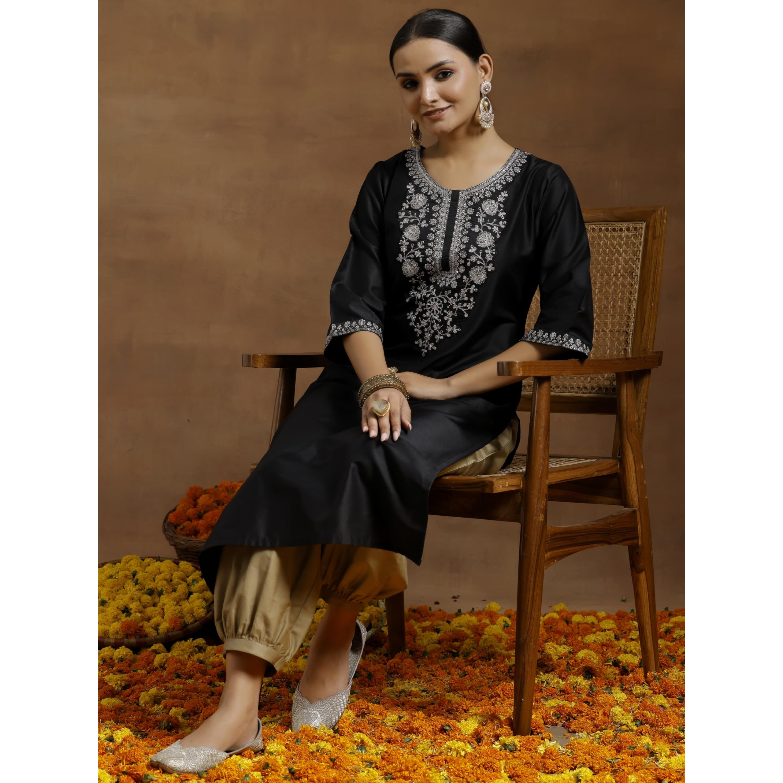 Libas Women's Silk Embroidered Straight Kurta (G2734 Black