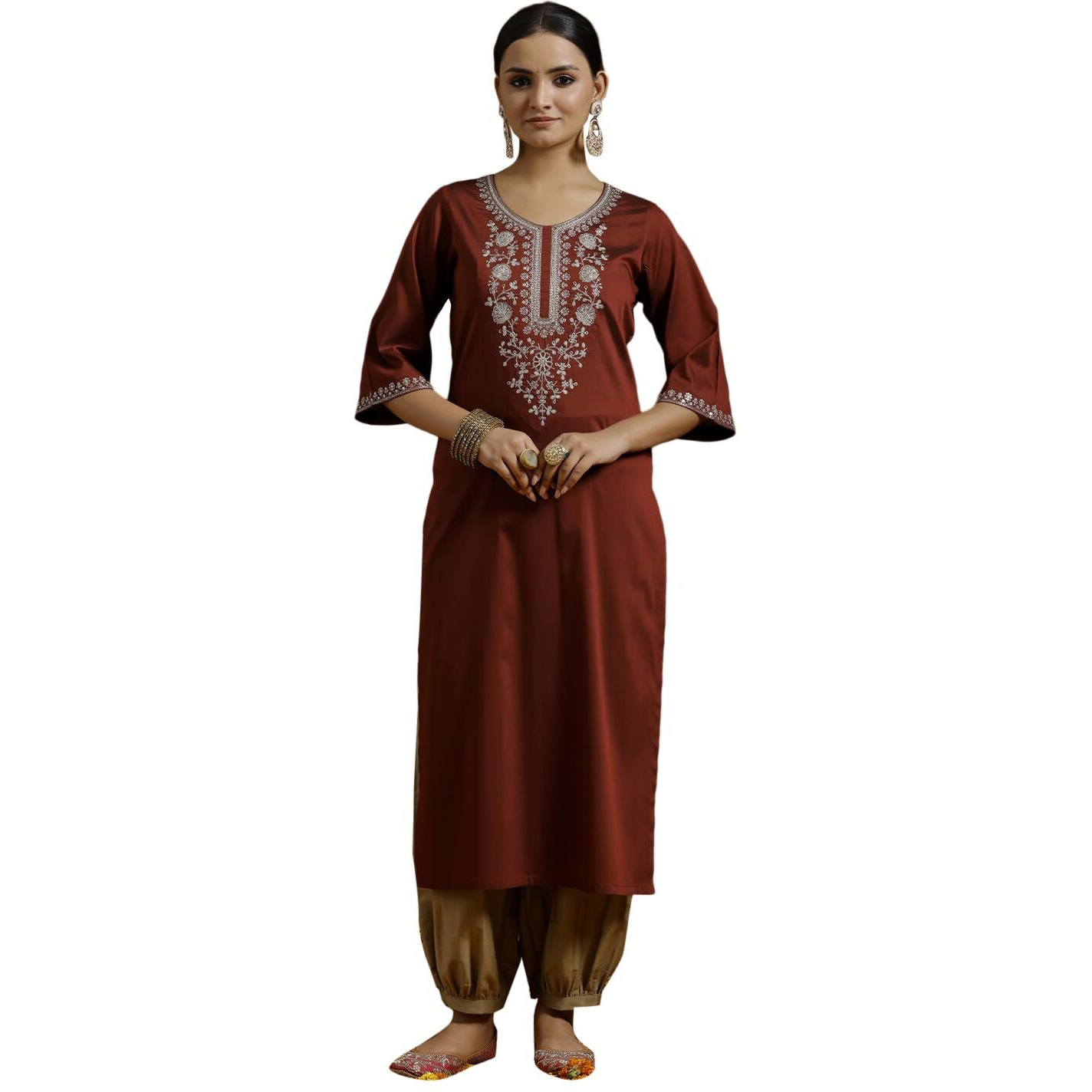 Libas Women's Silk Floral Straight Kurta (G2735_Maroon