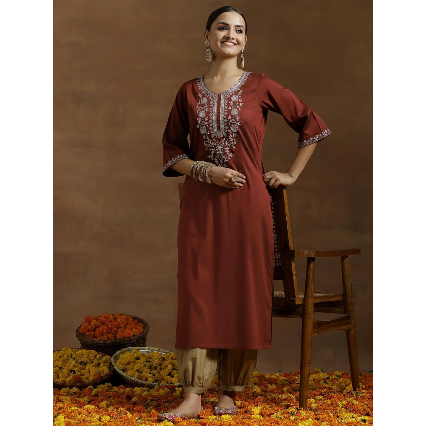 Libas Women's Silk Floral Straight Kurta (G2735_Maroon