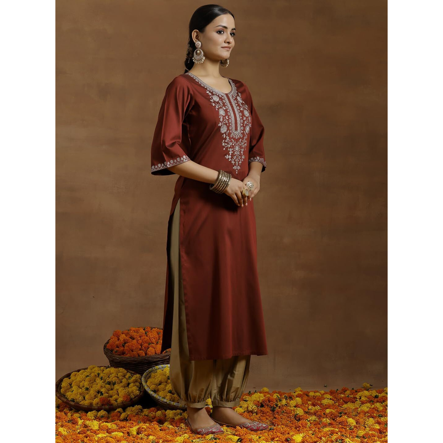 Libas Women's Silk Floral Straight Kurta (G2735_Maroon