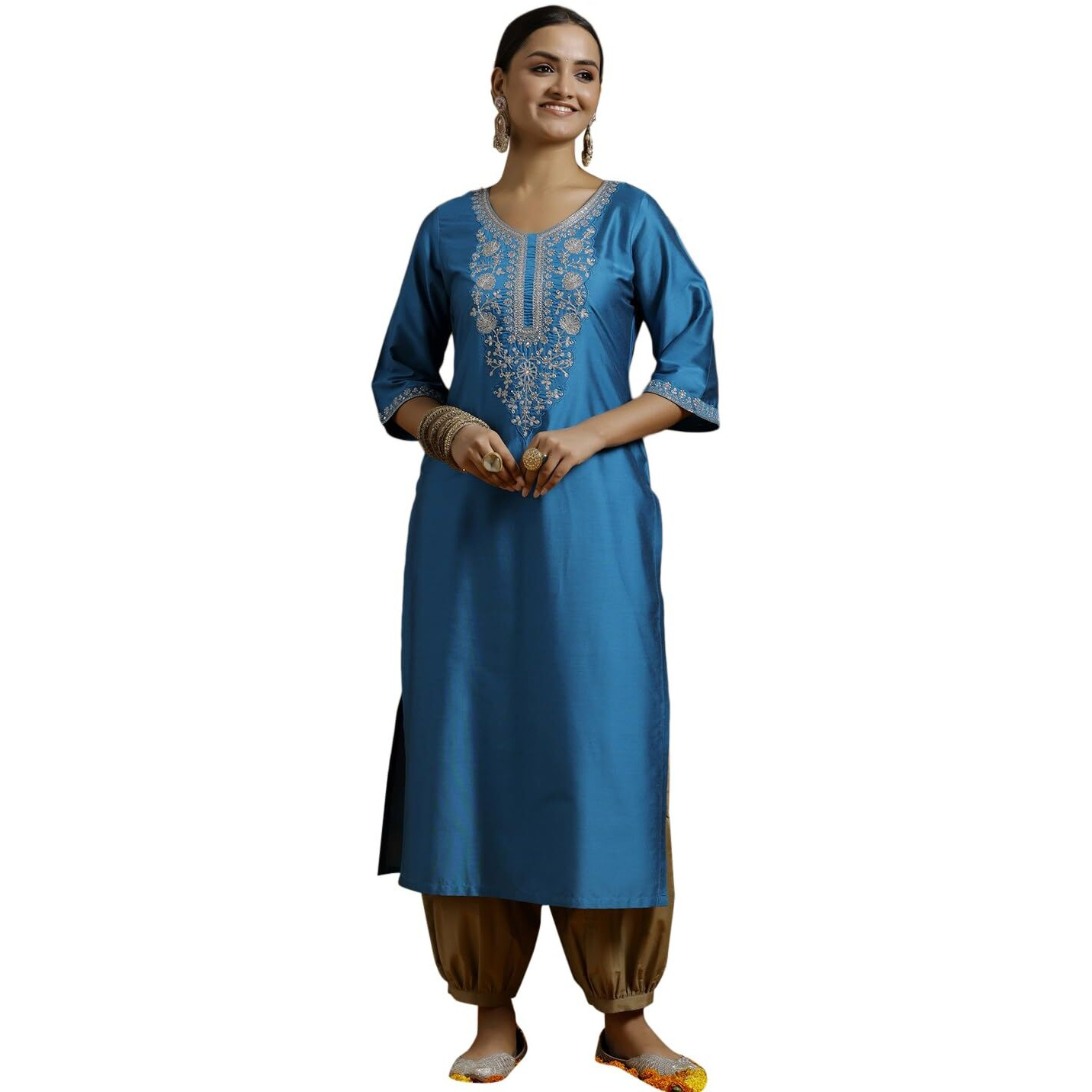 Libas Women's Silk Floral Regular Kurta (G2736_Blue