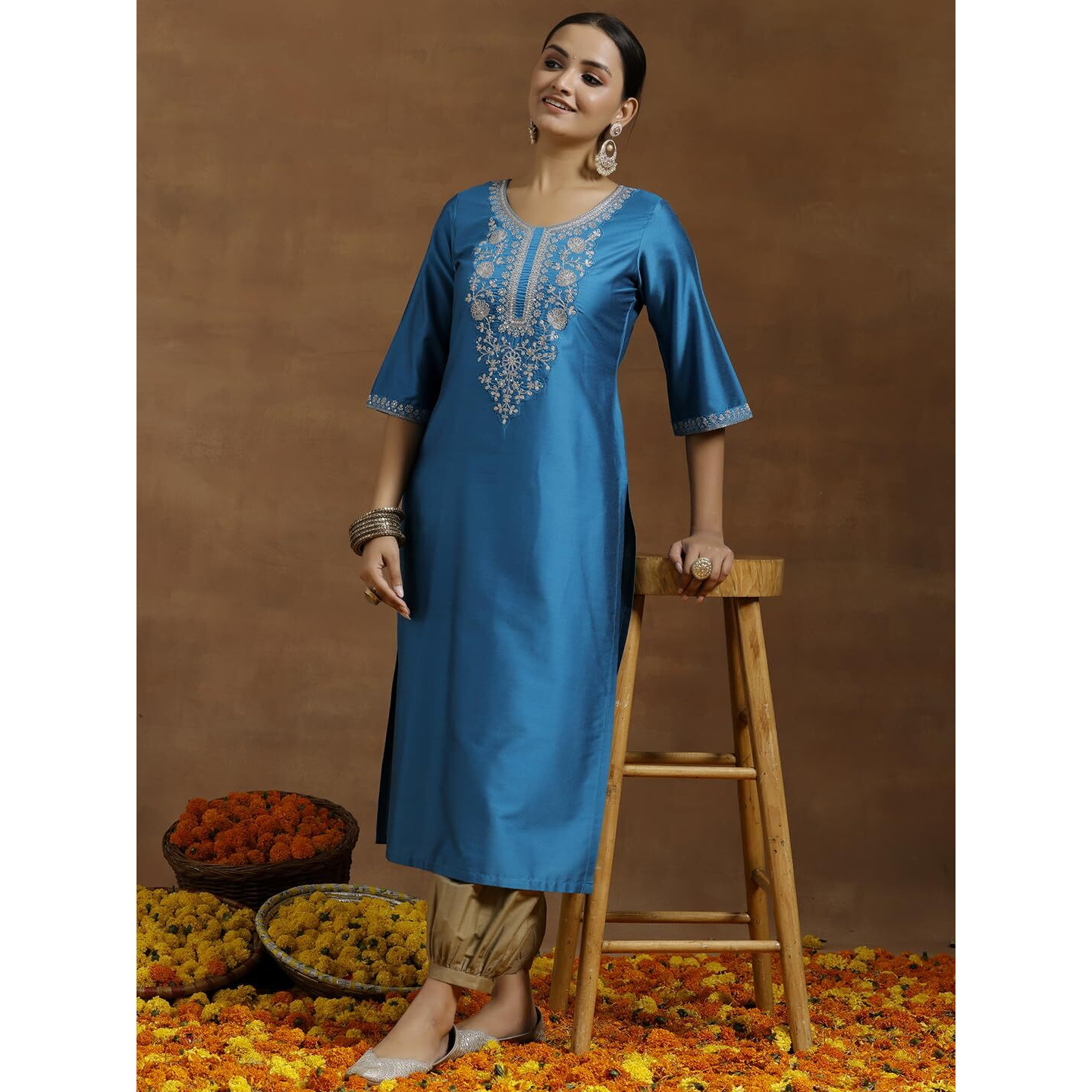 Libas Women's Silk Floral Regular Kurta (G2736_Blue
