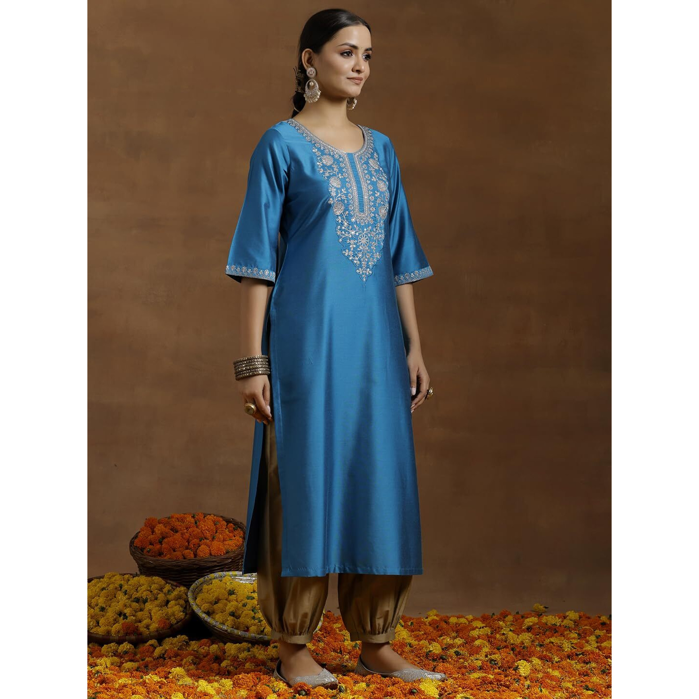 Libas Women's Silk Floral Regular Kurta (G2736_Blue