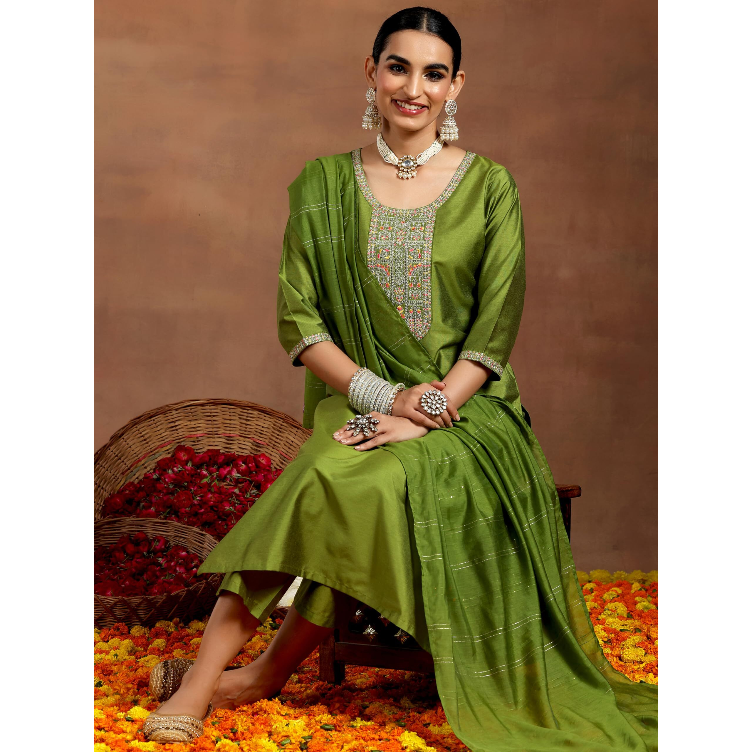 Libas Gerua Womens Yoke Design Silk Blend Straight Kurta With Trousers And Dupatta