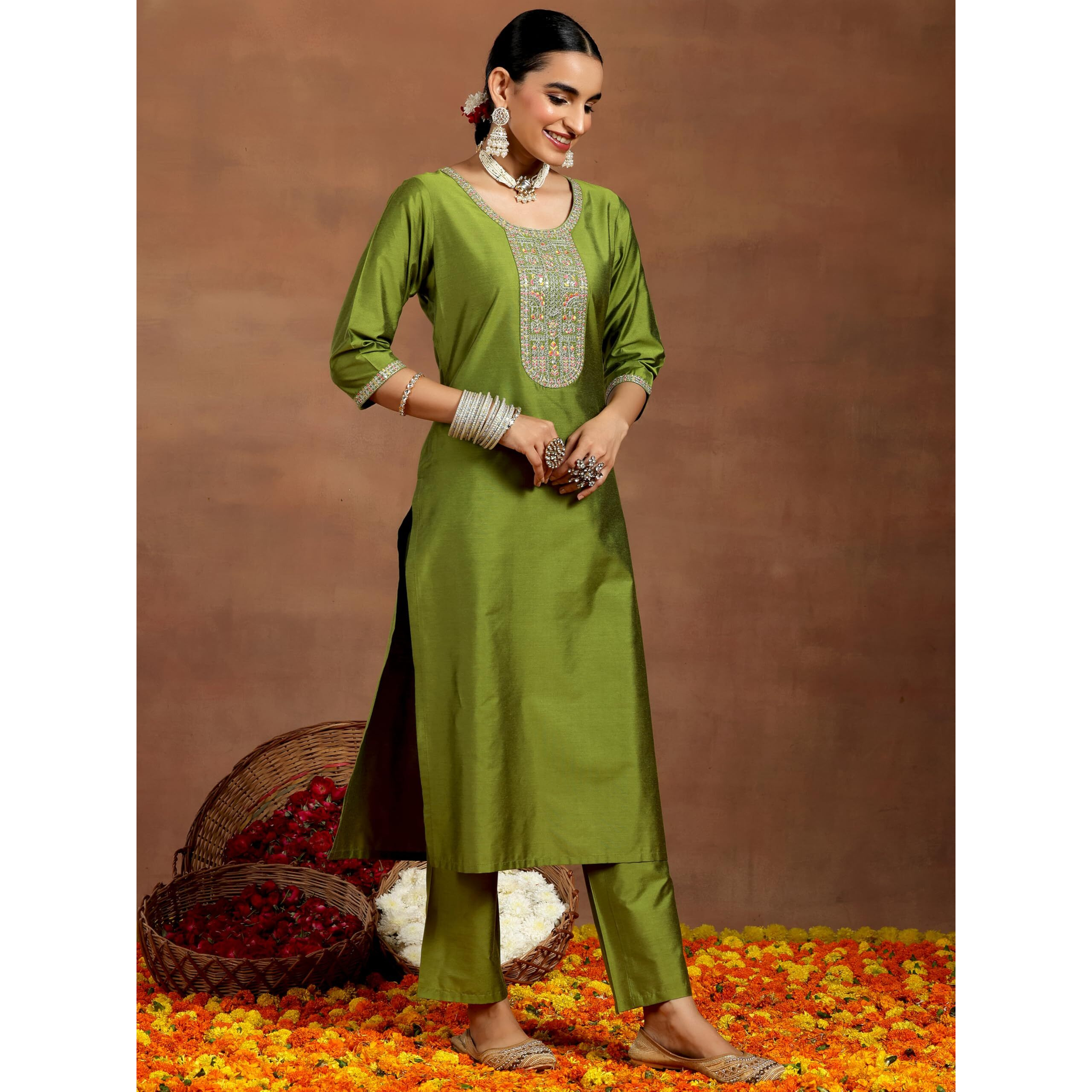 Libas Gerua Womens Yoke Design Silk Blend Straight Kurta With Trousers And Dupatta