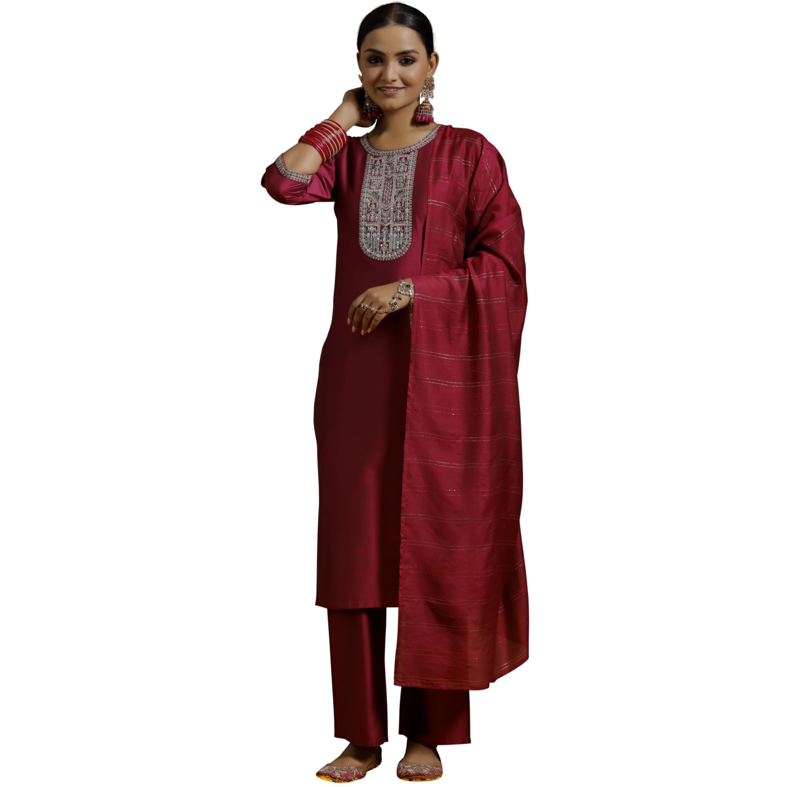 Libas Gerua Womens Yoke Design Silk Blend Straight Kurta With Trousers And Dupatta